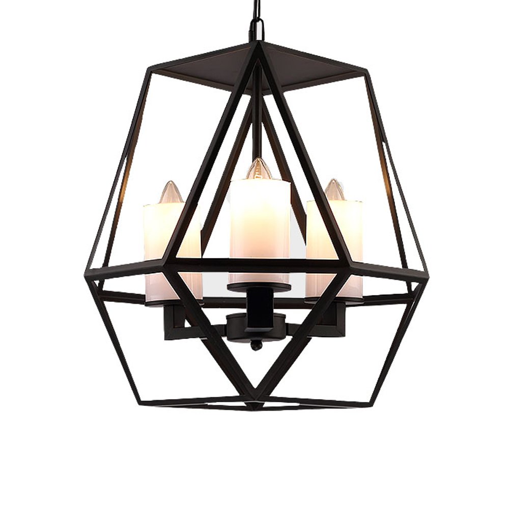 Vintage Industrial 3-Light Glass Pendant Lamp with Wrought Iron Cage - Adjustable Ceiling Chandelier for Restaurant, Cafe & Home Decor | Rustic Lighting Fixture for Dining Room, Kitchen Island & Entryway