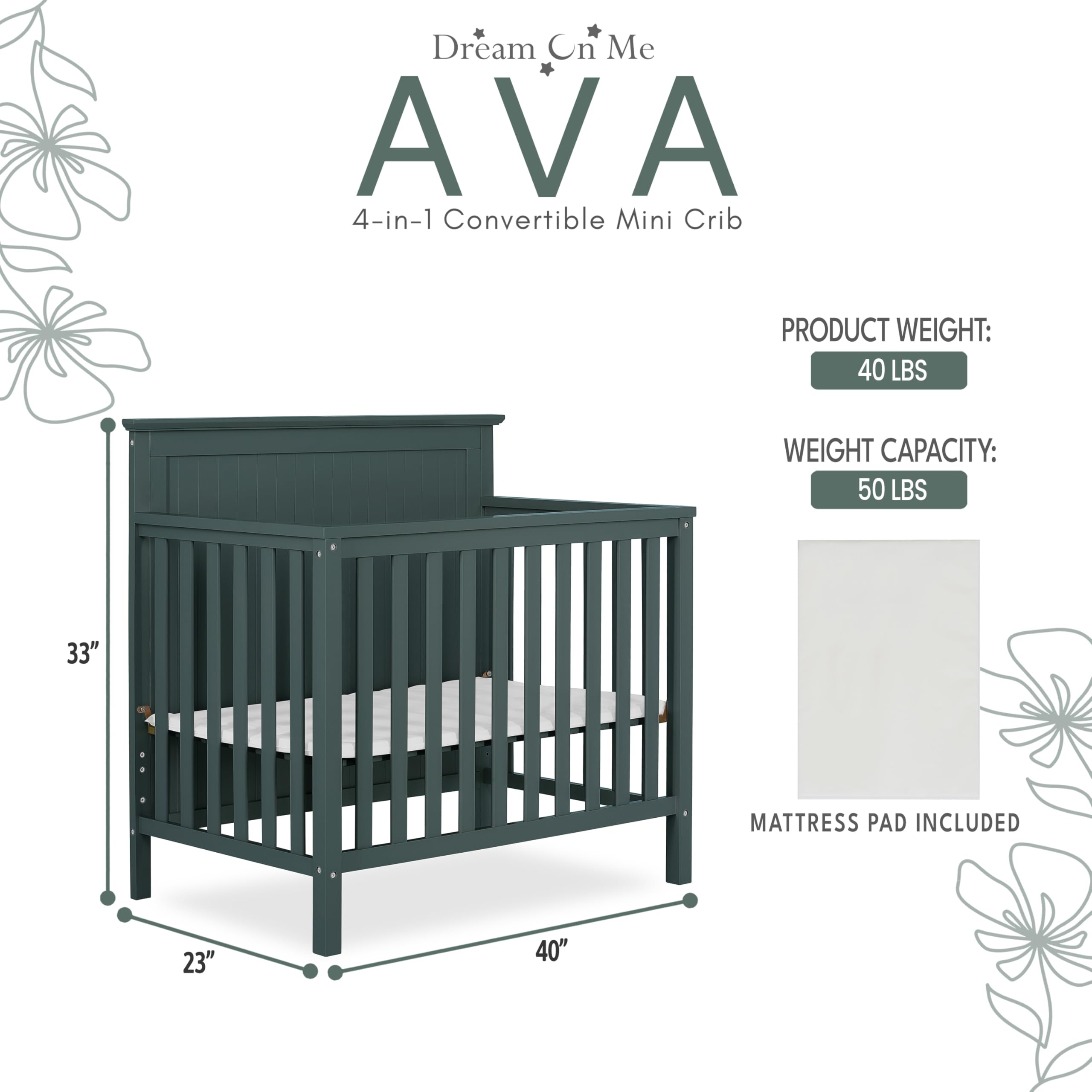 Dream On Me Ava 4-in-1 Convertible Mini Crib in Olive | Greenguard Gold Certified & Non-Toxic Finish | Includes 1
