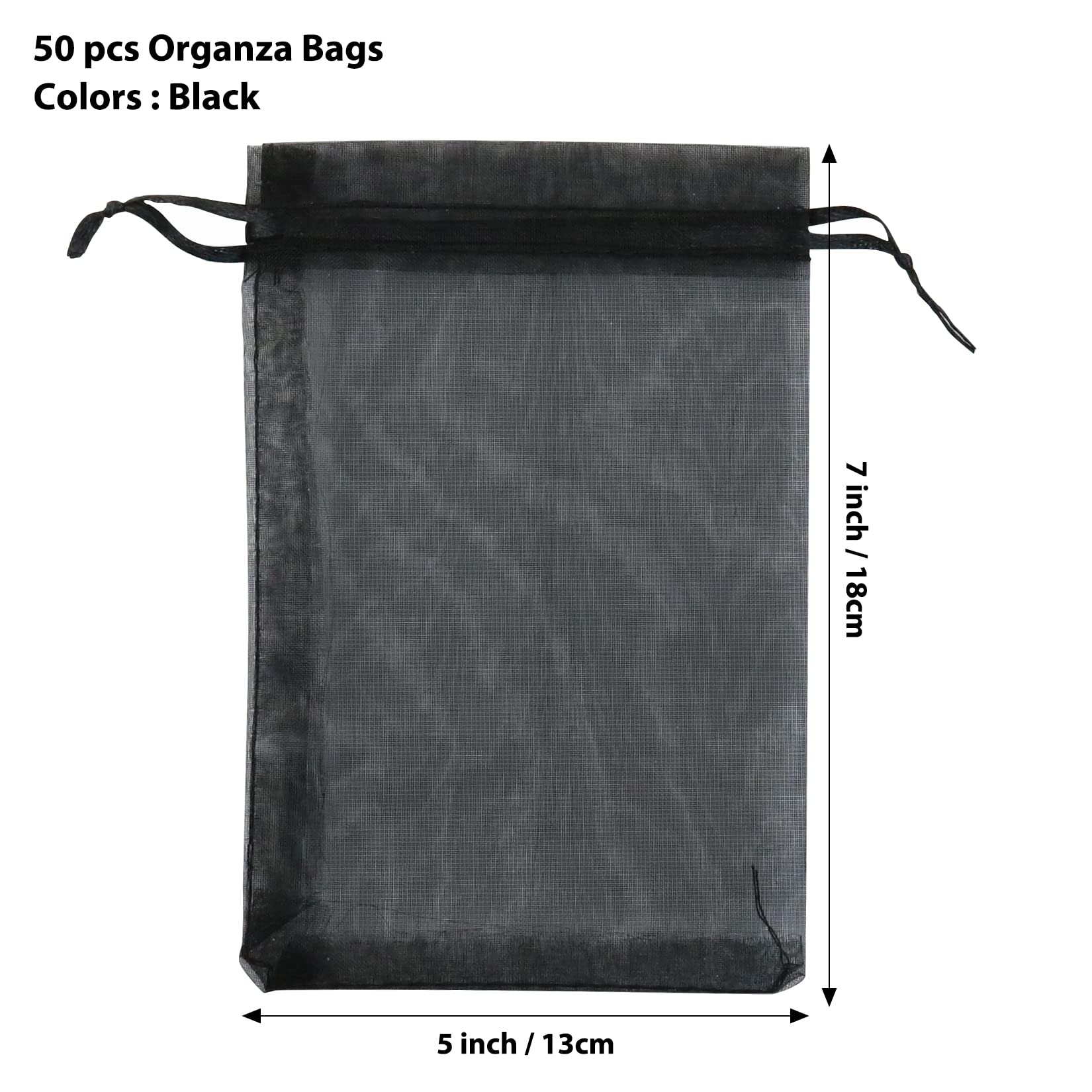 50PCS Black Organza Gift Bags 5x7 Inch - Small Drawstring Mesh Favor Bags for Wedding, Party, Candy & Jewelry - Sheer Organza Pouches for DIY, Bridal Shower, Baby Shower & Holiday Gifts