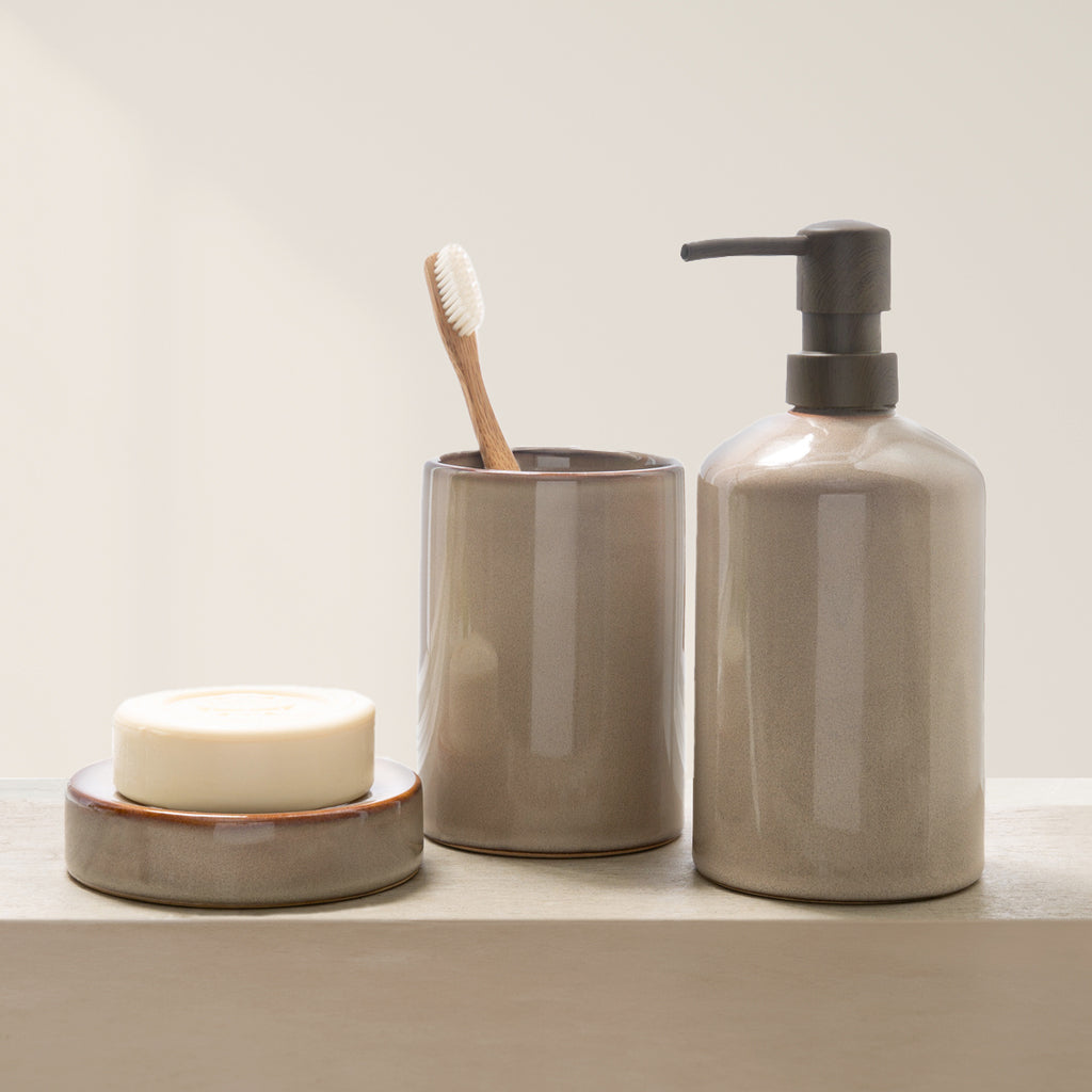 Premium Stoneware Taupe Ceramic Soap Dispenser & Lotion Pump Set - Elegant Bathroom Accessories for Modern Home Decor, Spa-Like Experience