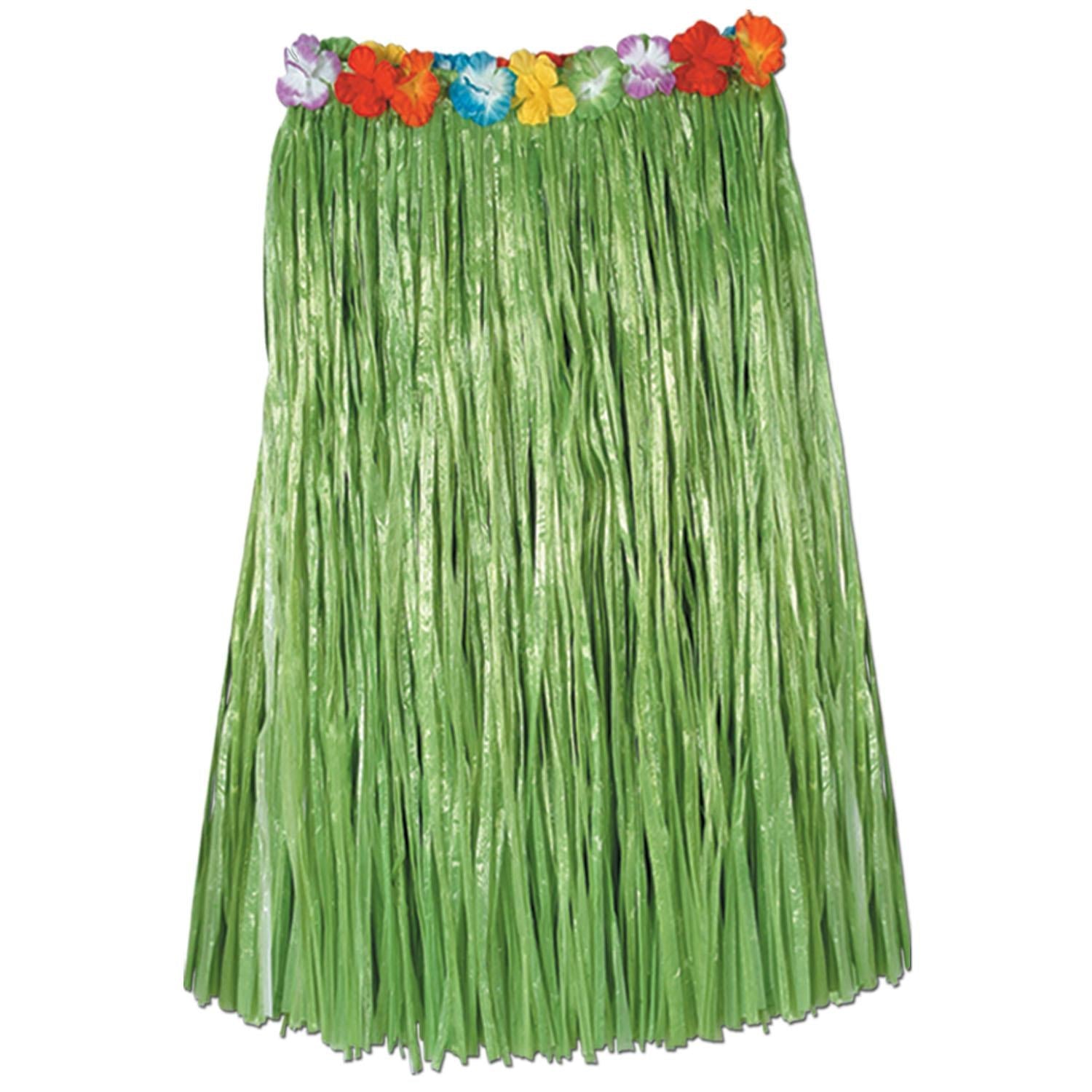 12 Pack Beistle Adult Artificial Grass Hula Skirt - Green with Floral Waistband for Hawaiian Luau Party, Tropical Theme Costume, and Summer Festival Outfits