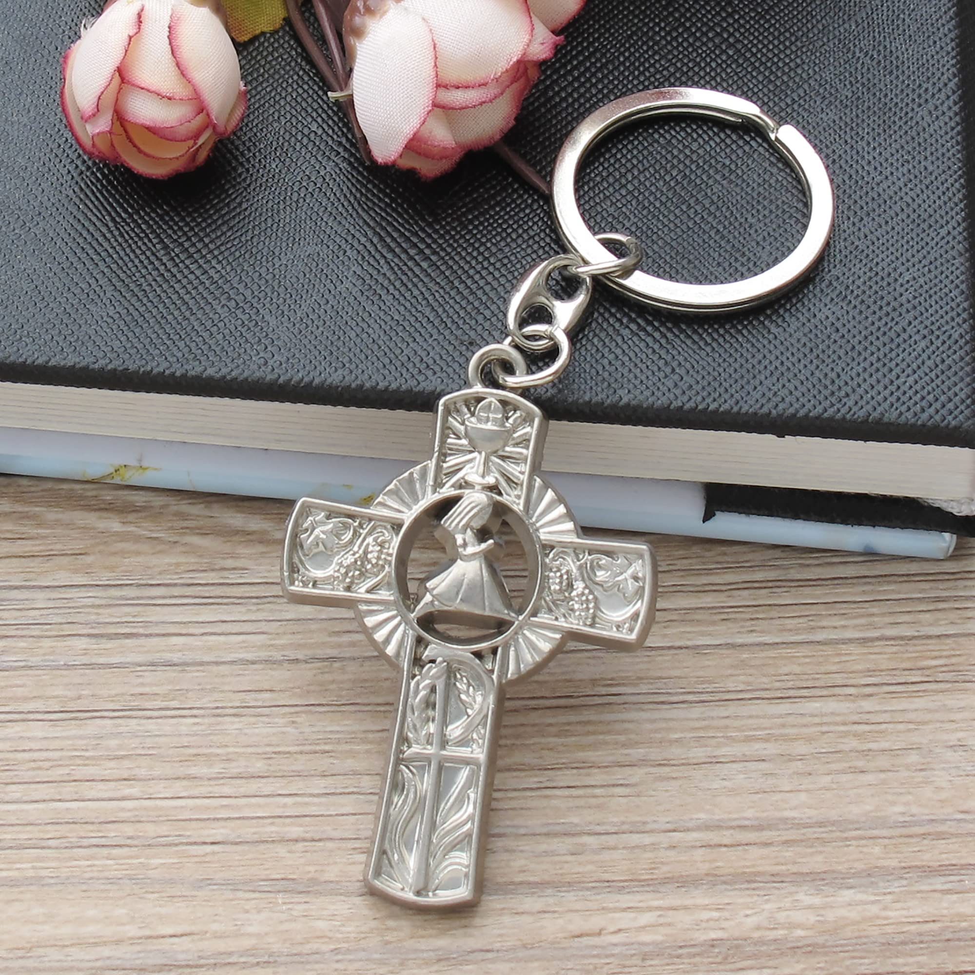 First Communion Keychain Favors - 12PCS Religious Keepsake Gift Set with Pink Ribbon Decorated Organza Bags - Perfect for Baptism, Confirmation & Christian Celebrations