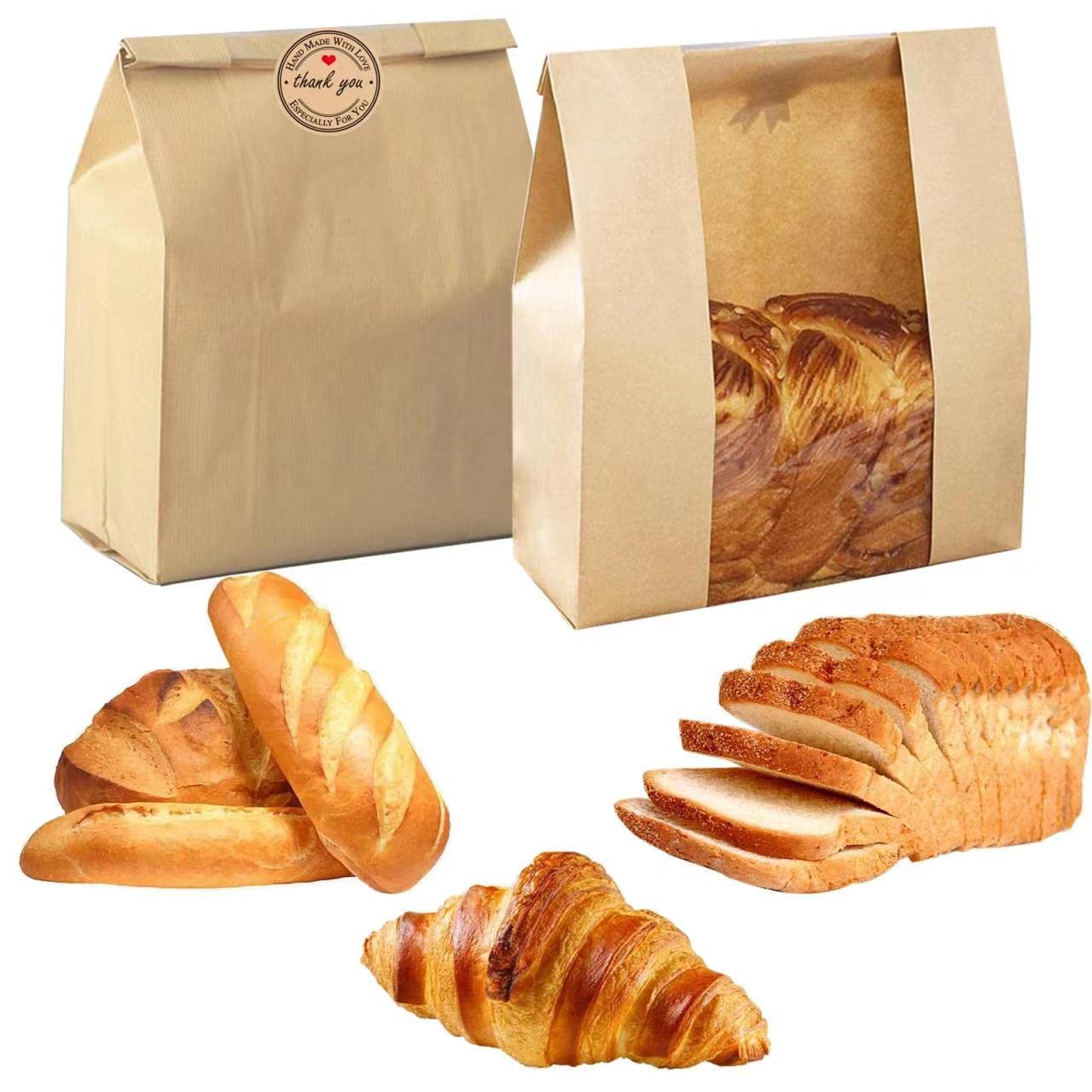 Large Paper Bread Bags with Window for Homemade Sourdough & Bakery - 13.7x8.2x3.5 inch Bread Gifting Bags with Seal Sticker (Pack of 25) - Perfect for Artisan Bread Storage, Farmer's Market Sales & Holiday Gift Packaging
