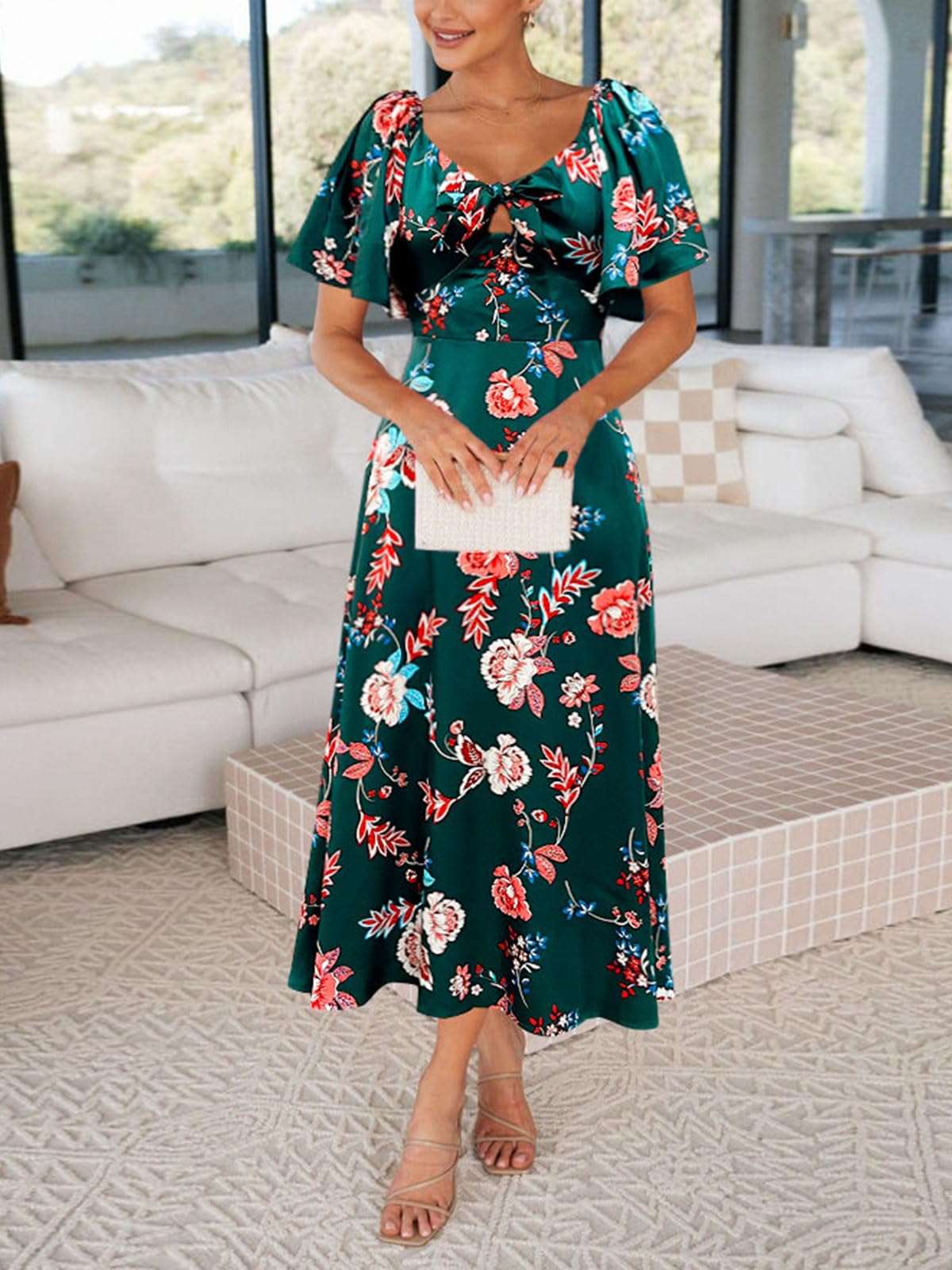 Fashionme Women's Maxi Dress 2025 - Elegant Deep V Neck, Bow Tie Front, Cap Sleeve Floral Satin Smocked Dress for Summer | Perfect for Weddings, Parties & Beach Vacations