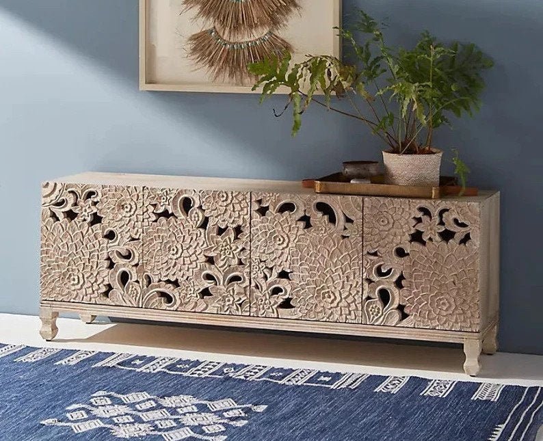 Handmade Hardwood Lotus Flower Media Console Table - Warm White Finish for Living Room, Bedroom & Home Decor