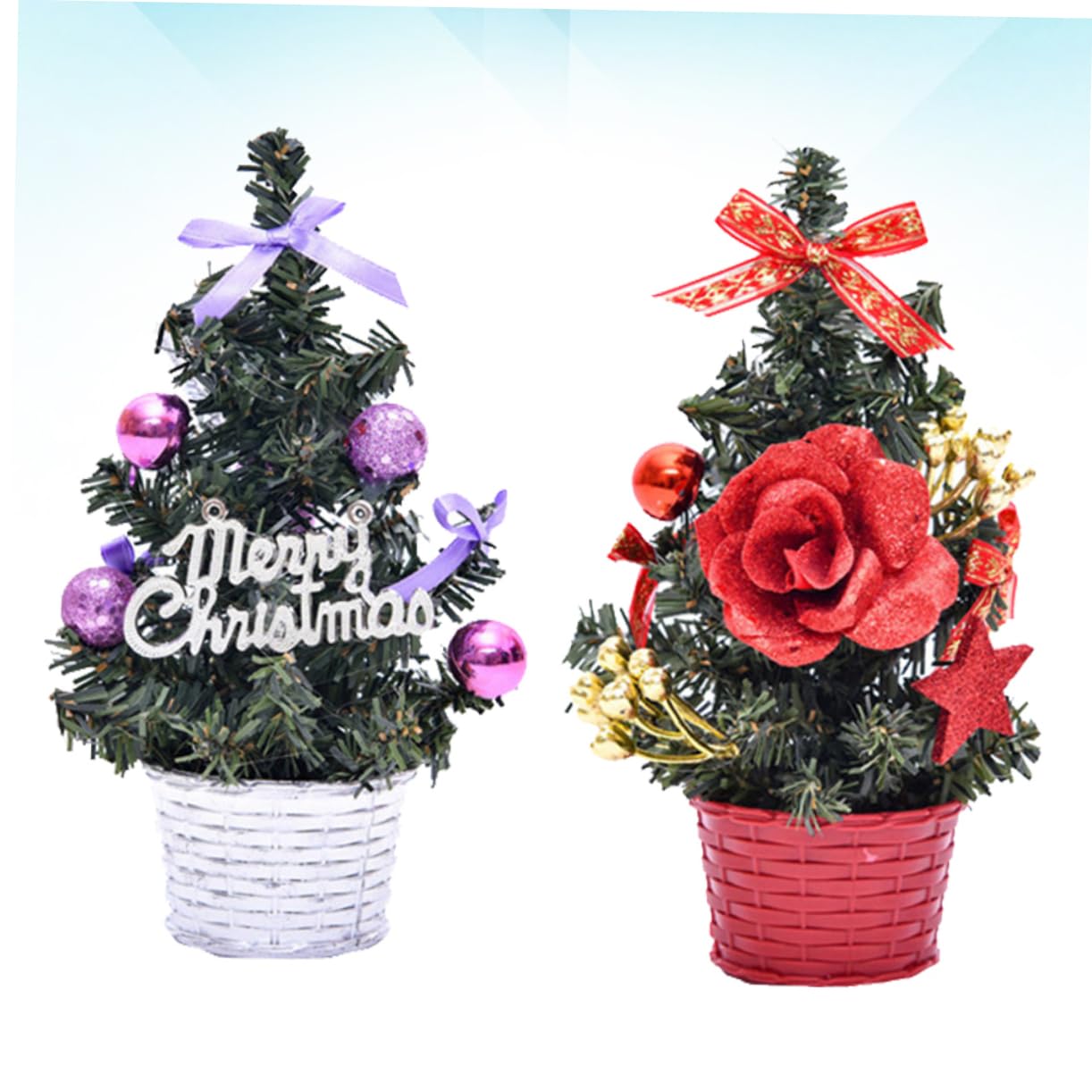 2 Pack Mini Artificial Christmas Trees - 20cm Purple Red Xmas Decor for Home, Office, Store, Wedding Tabletop & Holiday Decoration | LIOOBO Potted Plants Model for Festive Season, Christmas Party & Winter Wedding Centerpieces