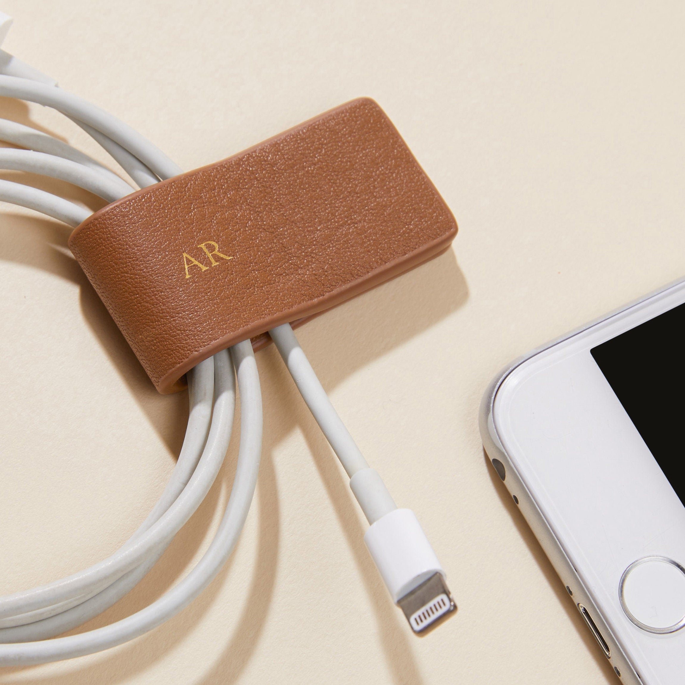 Premium Genuine Leather Cord Wrap Organizer - Cognac Brown for Cable Management | Perfect for Travel, Office, and Home Use