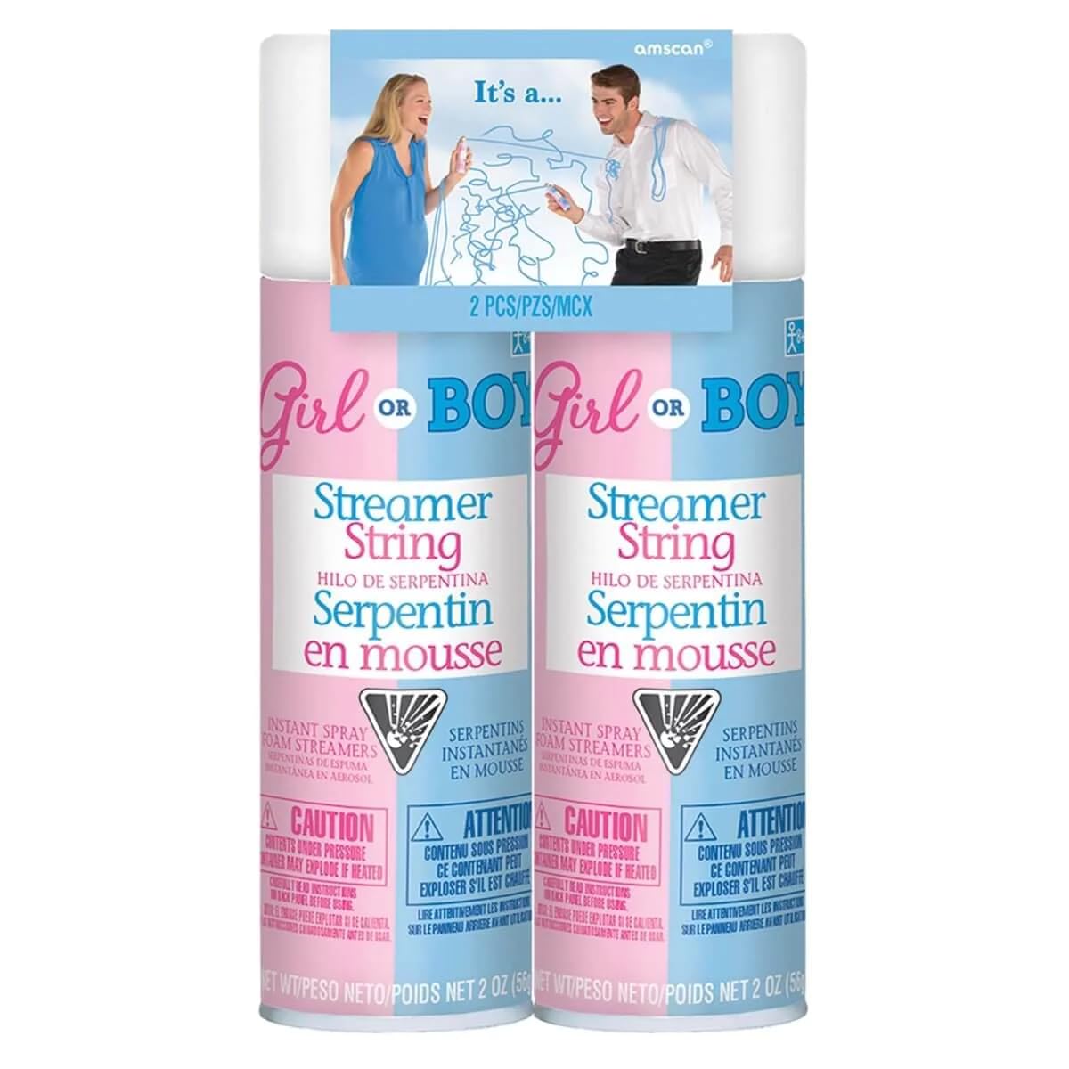 Gender Reveal Streamer Spray String for Baby Shower - 2 Pack Blue & Pink Confetti Poppers for Gender Announcement Parties & Celebrations