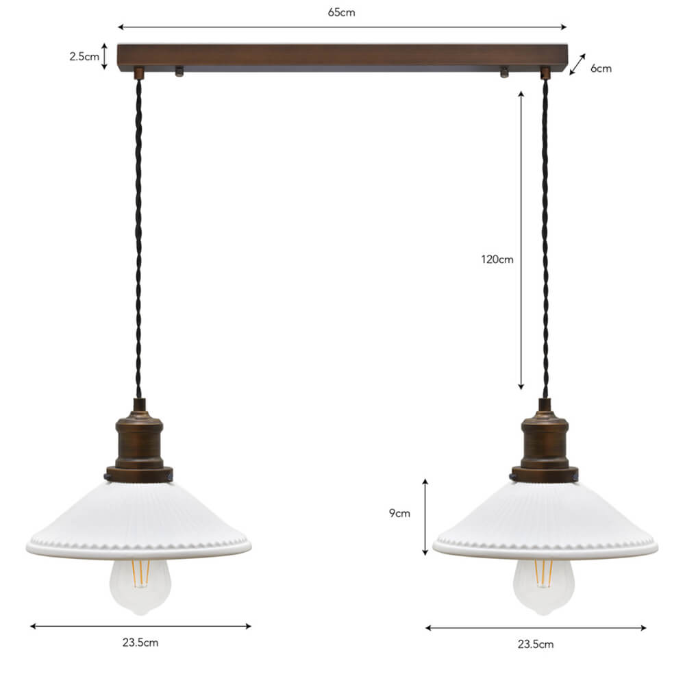 Antique Bronze & Ceramic Beaulieu Double Fluted Cone Pendant Light - Vintage Industrial Ceiling Fixture for Dining Room, Kitchen Island & Foyer Lighting