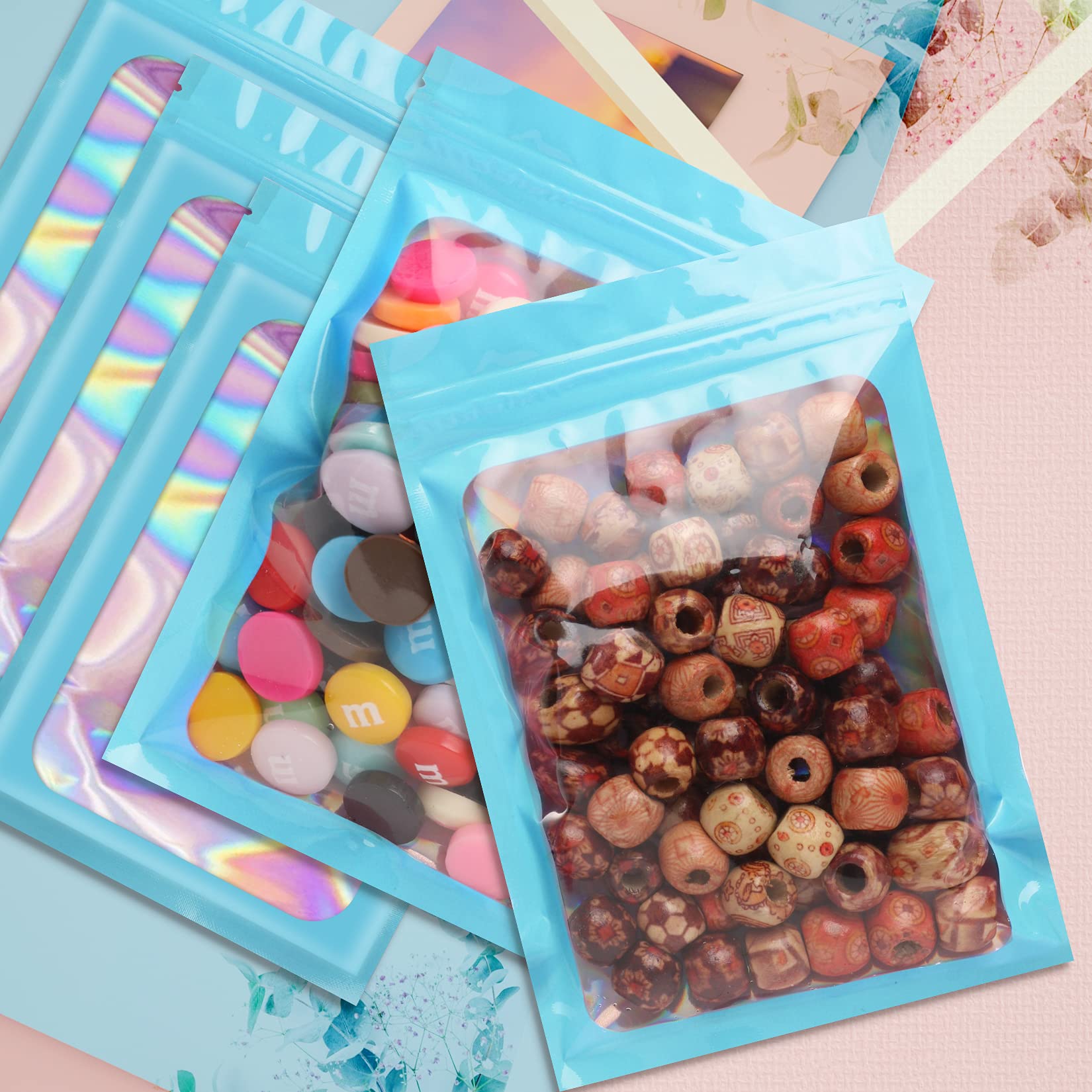 Funfery 100 Pack Blue Mylar Holographic Bags - 6.3x9.4 Inch Resealable Smell Proof Food Storage Bags | Airtight Zipper Pouch for Snacks, Coffee, Tea, Herbs & Small Business Packaging | Great for Home, Office & Travel Use