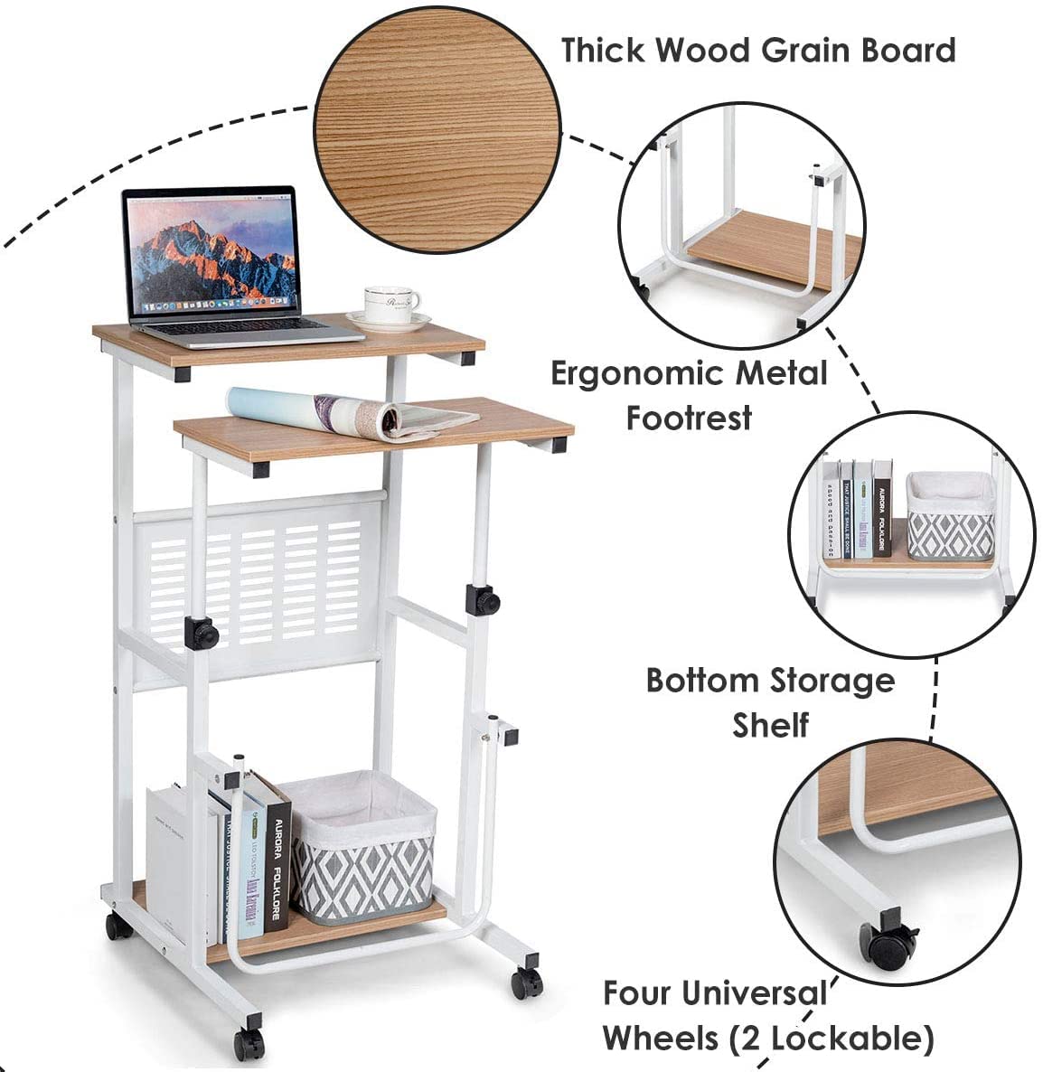 LUARANE Adjustable Height Rolling Standing Desk with 4 Wheels & Footrest - Mobile Home Office Workstation for Small Spaces, Bedroom Study, and Laptop Use | Perfect for Remote Work, Gaming Setup & Compact Living Areas