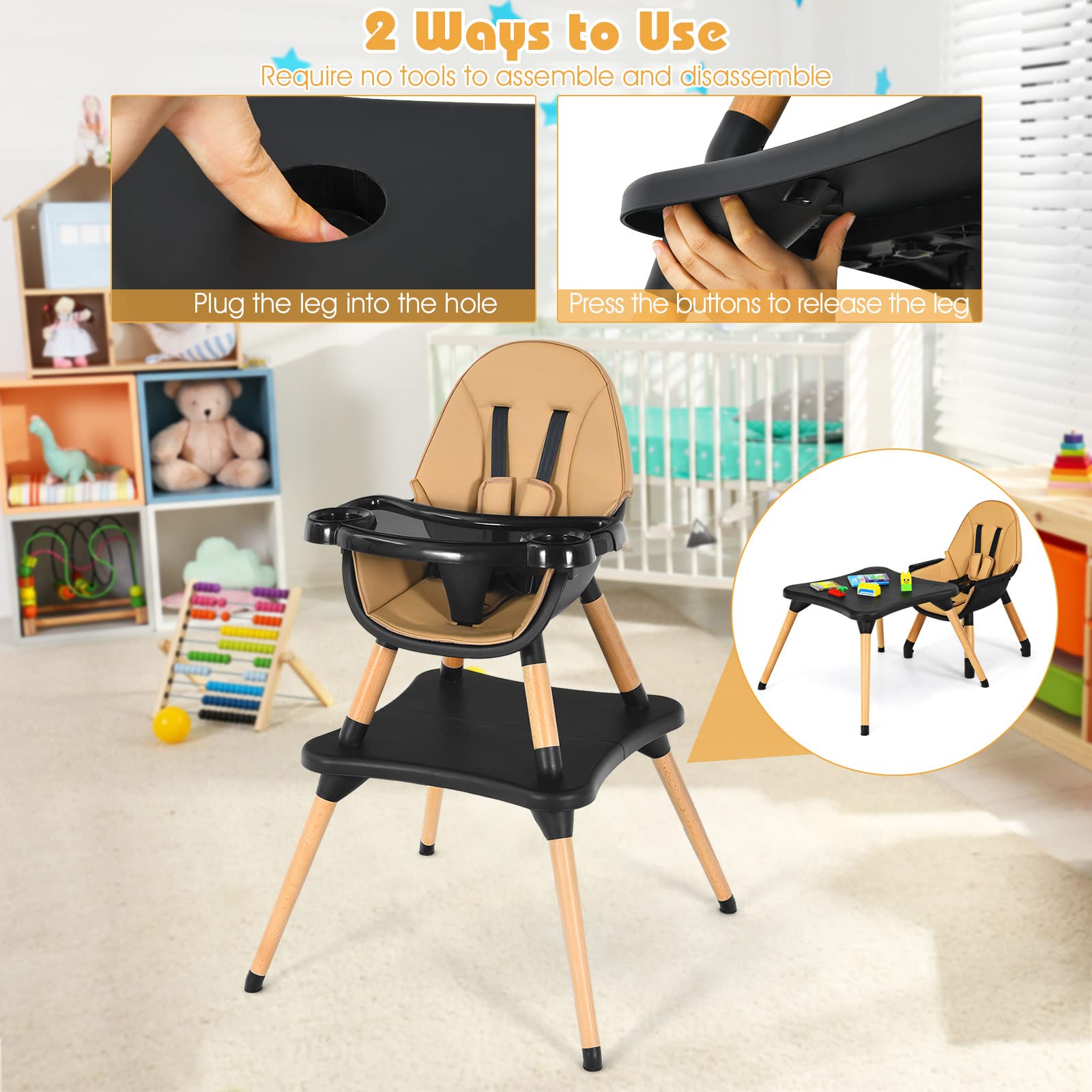 HONEY JOY 5-in-1 Convertible Wooden High Chair for Babies & Toddlers - Adjustable Baby Feeding Chair with Safety Harness, Removable Tray & Booster Seat - Perfect for Dining, Weaning & Playtime at Home