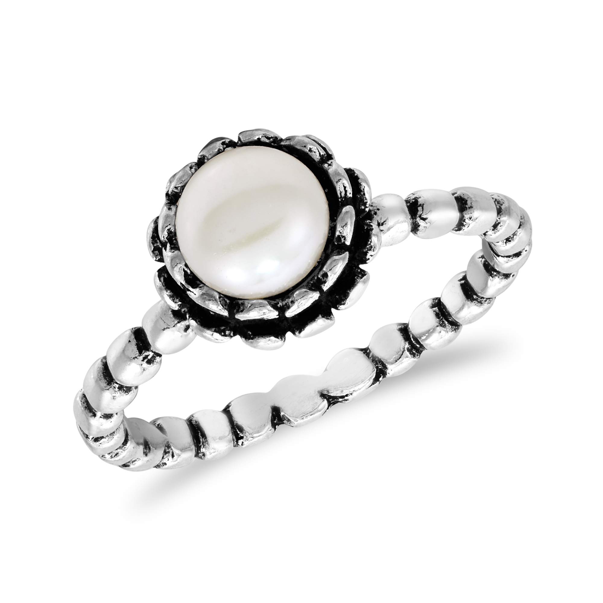 Aeravida White Faux Pearl Rose Blossom Sterling Silver Textured Band Ring for Women | Elegant Wedding, Engagement & Promise Ring | Comfort Fit Fashion Jewelry | Perfect Gift for Daughter, Wife, Girlfriend | Sizes 6-9 | Ideal for Date Night, Anniversary & Special Occasions