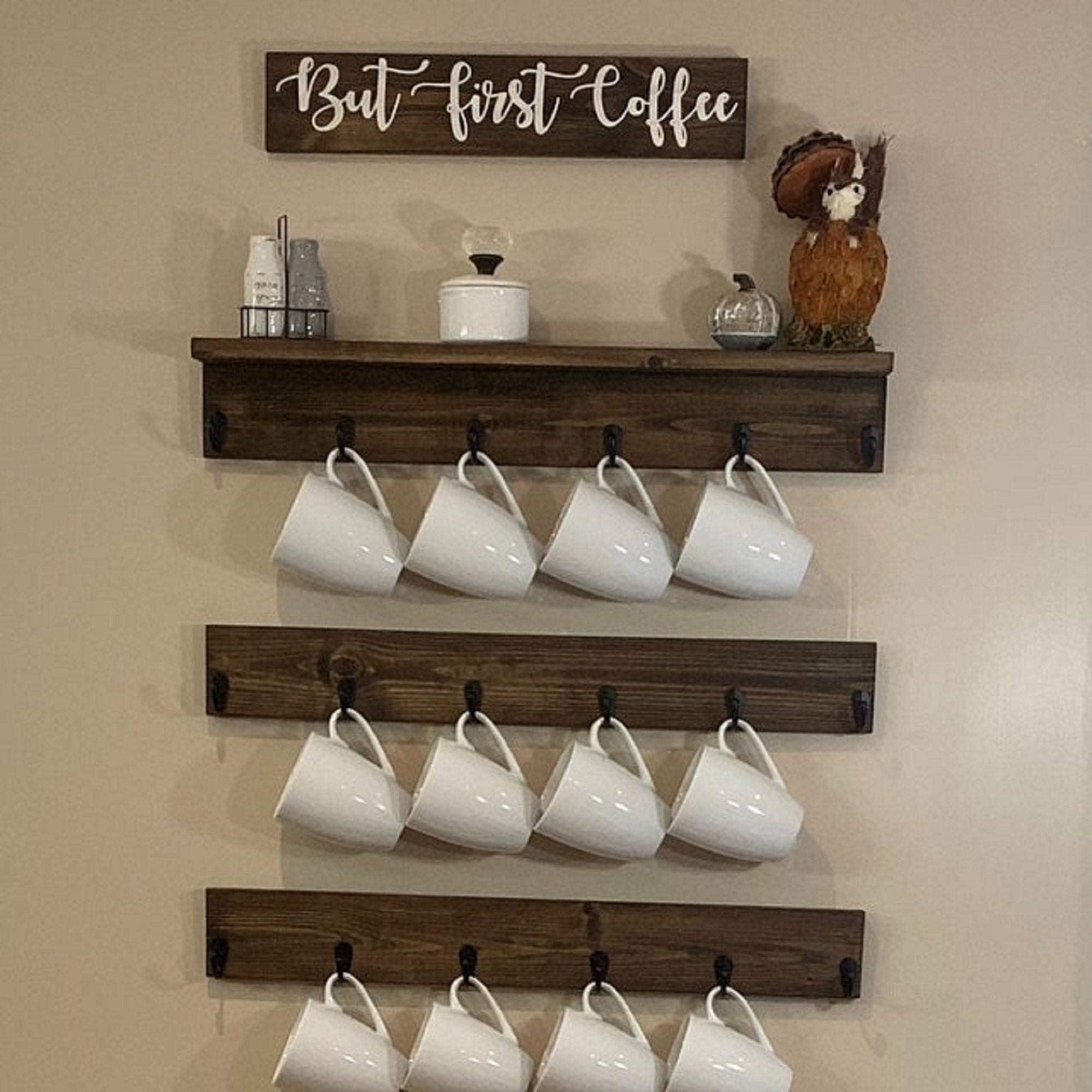 Custom Wooden Coffee Mug Rack - Wall Mounted Cup Holder Organizer for Kitchen, Office & Coffee Shop Display
