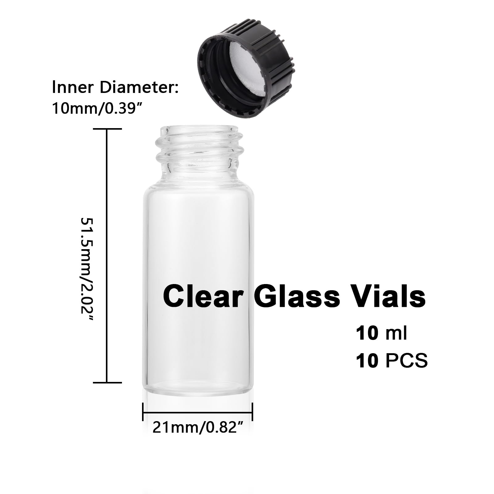 0.3 Oz Clear Glass Vials with Screw Cap - 10 Pack Empty Sample Bottles for Essential Oils, Perfume, Travel & DIY Liquids - Leak Proof Small Glass Containers for Cosmetics, Medicine & Laboratory Use