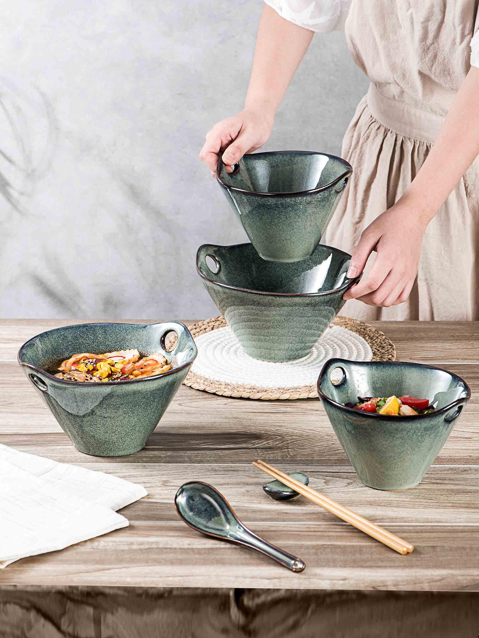 Henten 26oz Ceramic Ramen Bowls Set of 2 - Microwave Safe Japanese Noodle Bowls for Udon & Soup (Green)