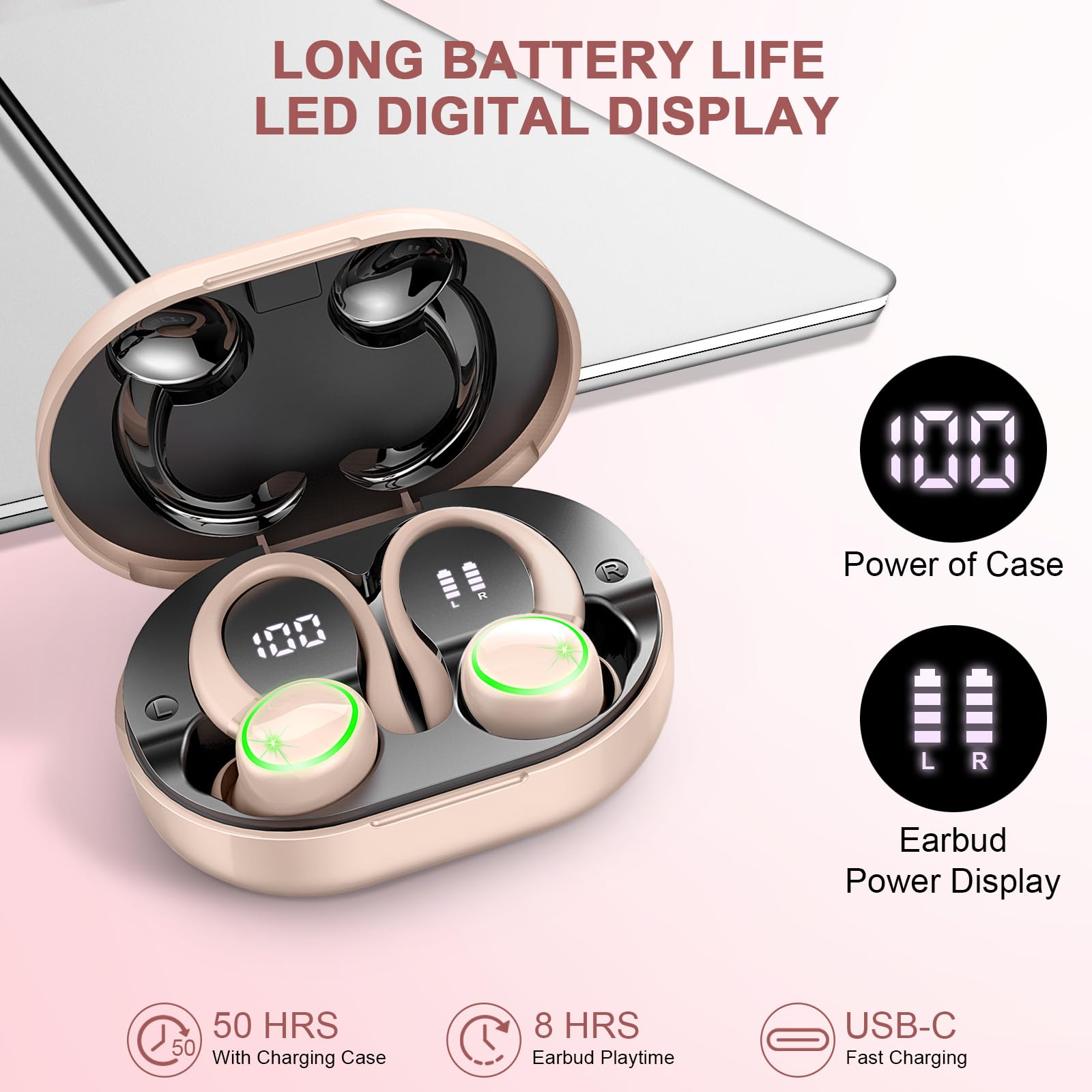 Wireless Earbuds Bluetooth 5.4 with Noise Cancelling - 50H Playtime, IP7 Waterproof for Sports & Running - Light Pink