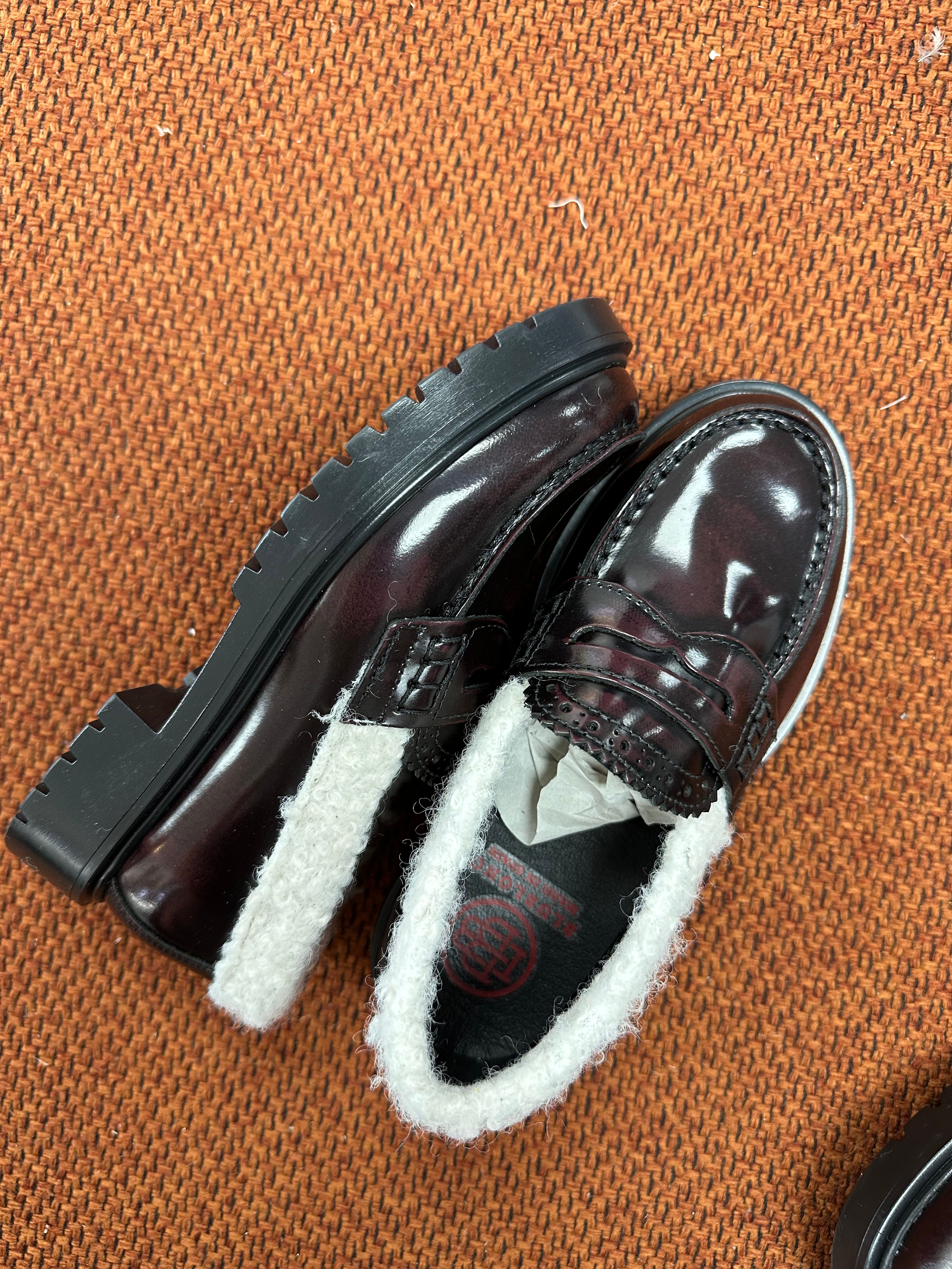 Blublonc Burgundy Florentic Shearling Chunky Loafers for Women - Comfortable Winter Slip-On Shoes for Casual Outfits & Office Wear
