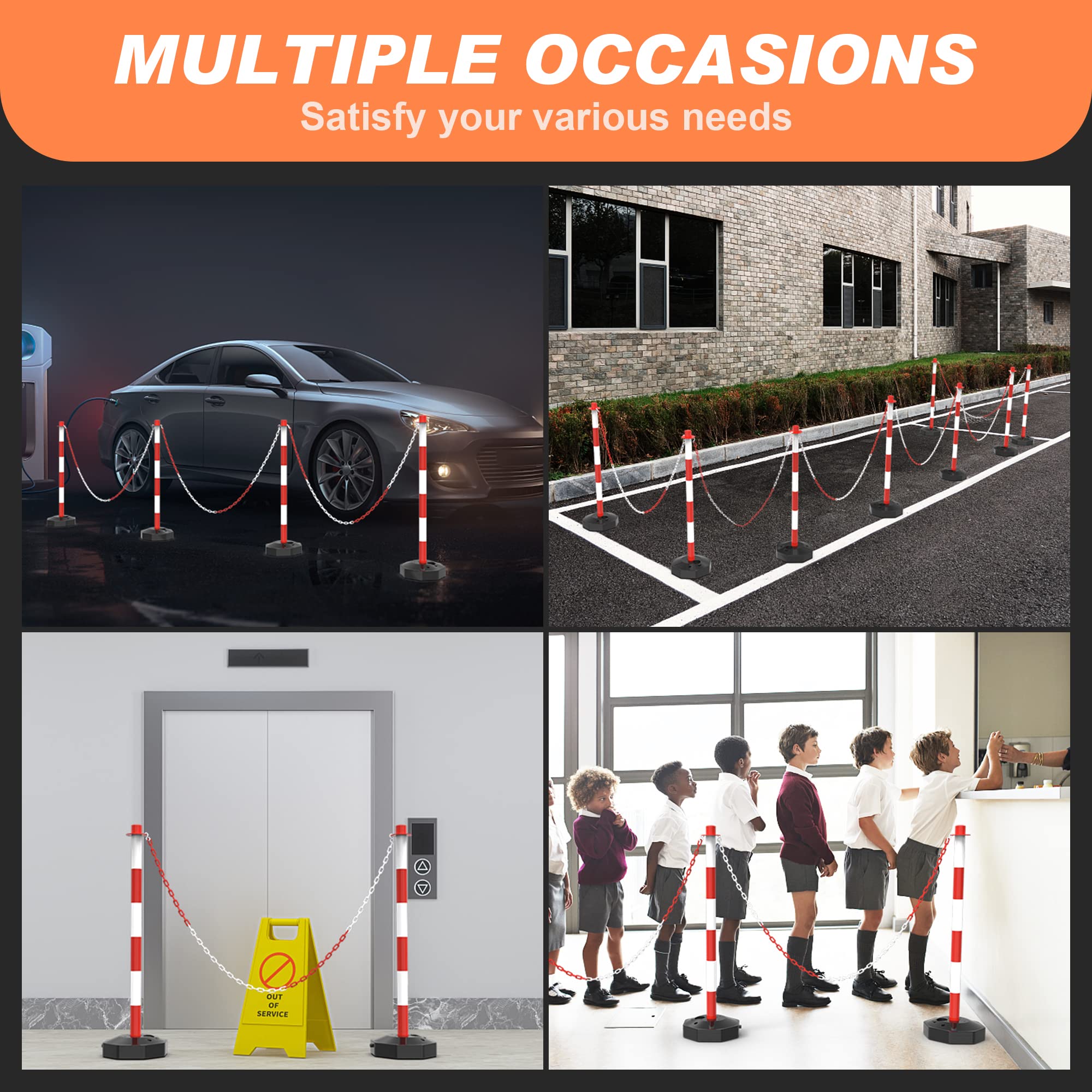 6 Pack Traffic Delineator Cones with Fillable Base - Adjustable Plastic Safety Barriers for Indoor/Outdoor Crowd Control - Includes 5Ft Plastic Chain for Stanchion Posts (Red & White) - Perfect for Parking Lots, Construction Sites & Event Management