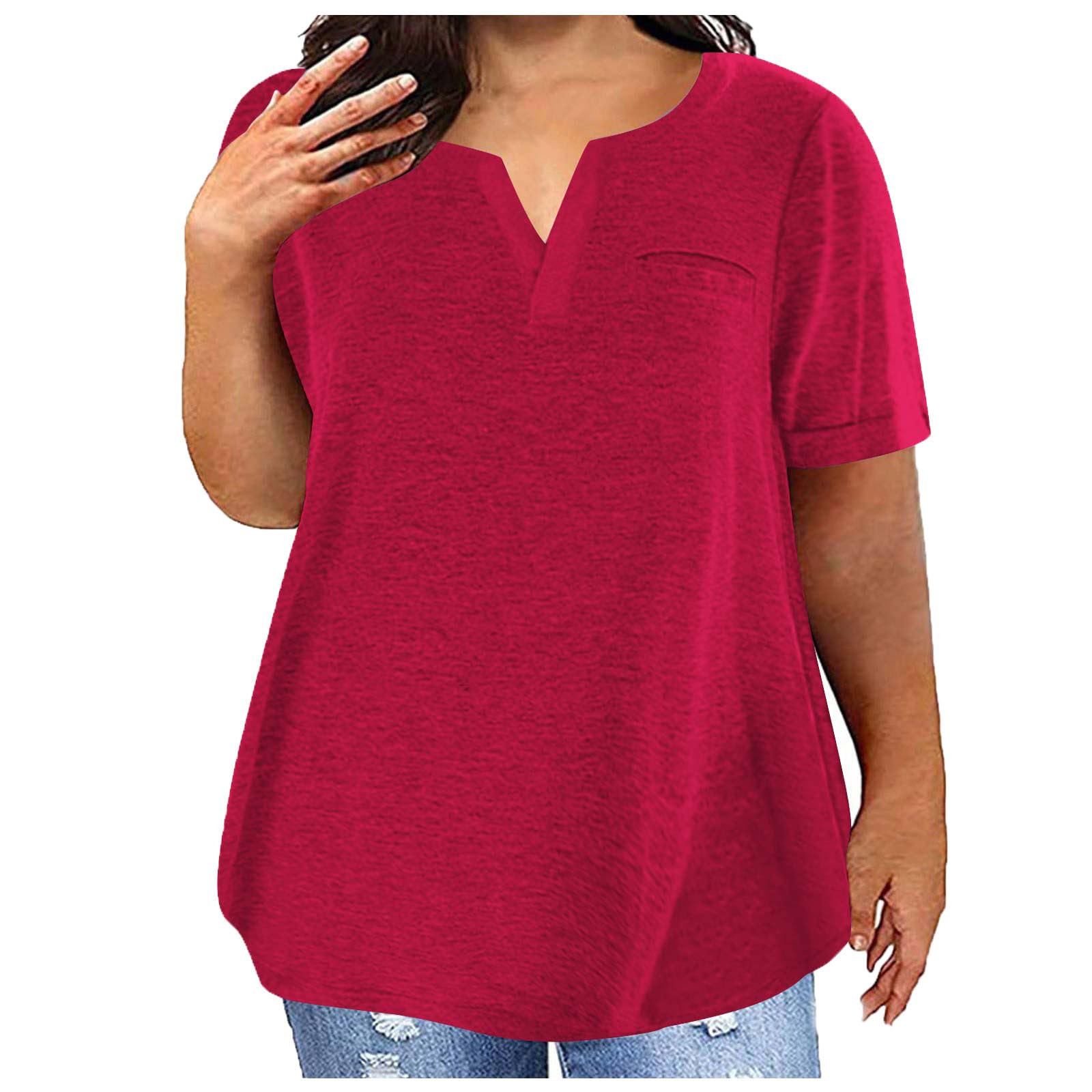 Women's Plus Size V-Neck Short Sleeve Henley T-Shirts - Soft Casual Summer Tops & Blouses for Everyday Wear | Perfect for Work, Weekend Outings & Vacation