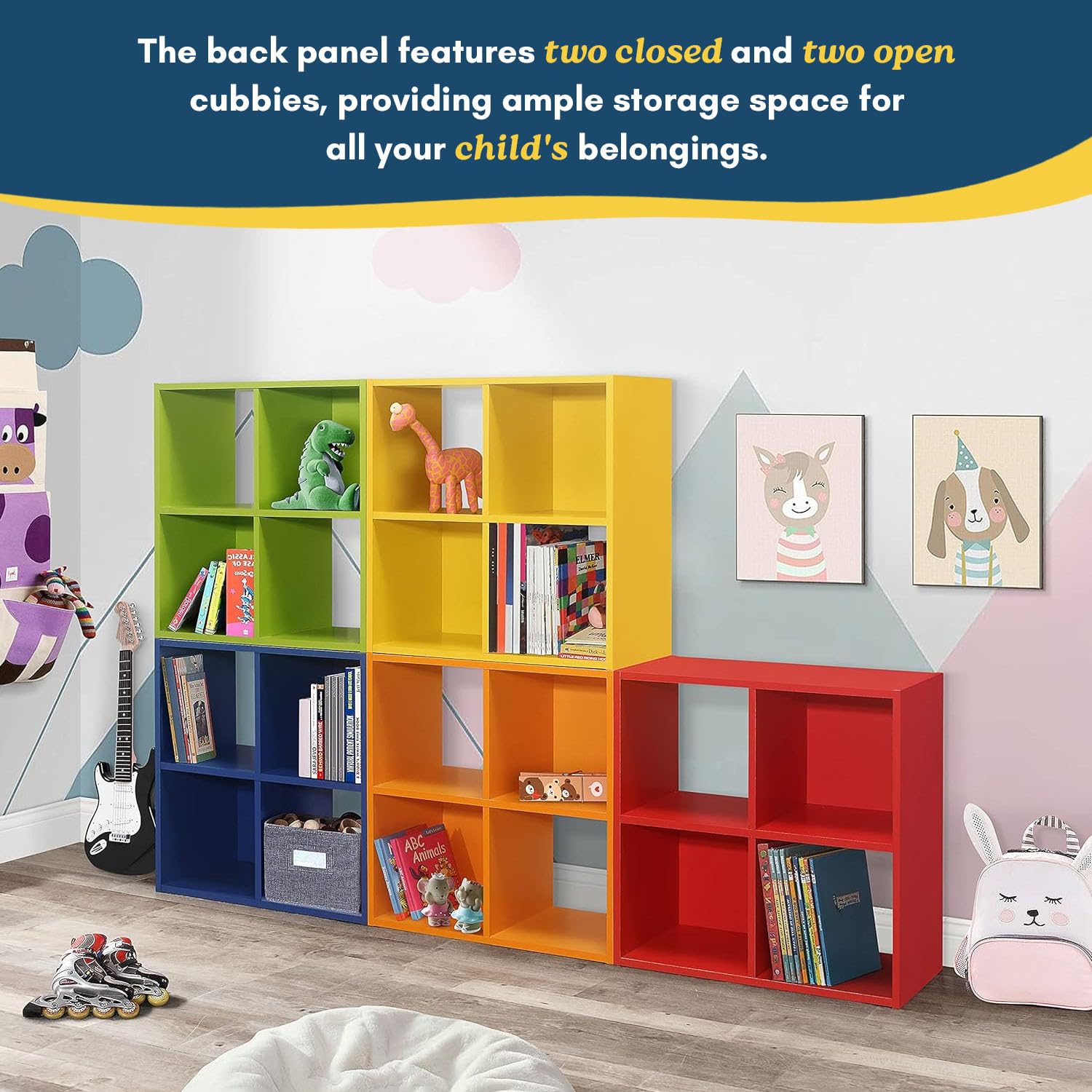 Kings Brand Furniture - 4-Cube Kids Bookcase with Toy Storage, Children's Bookshelf Organizer for Playroom, Bedroom & Nursery - Perfect for Toy Storage, Book Display & Room Organization (Orange)