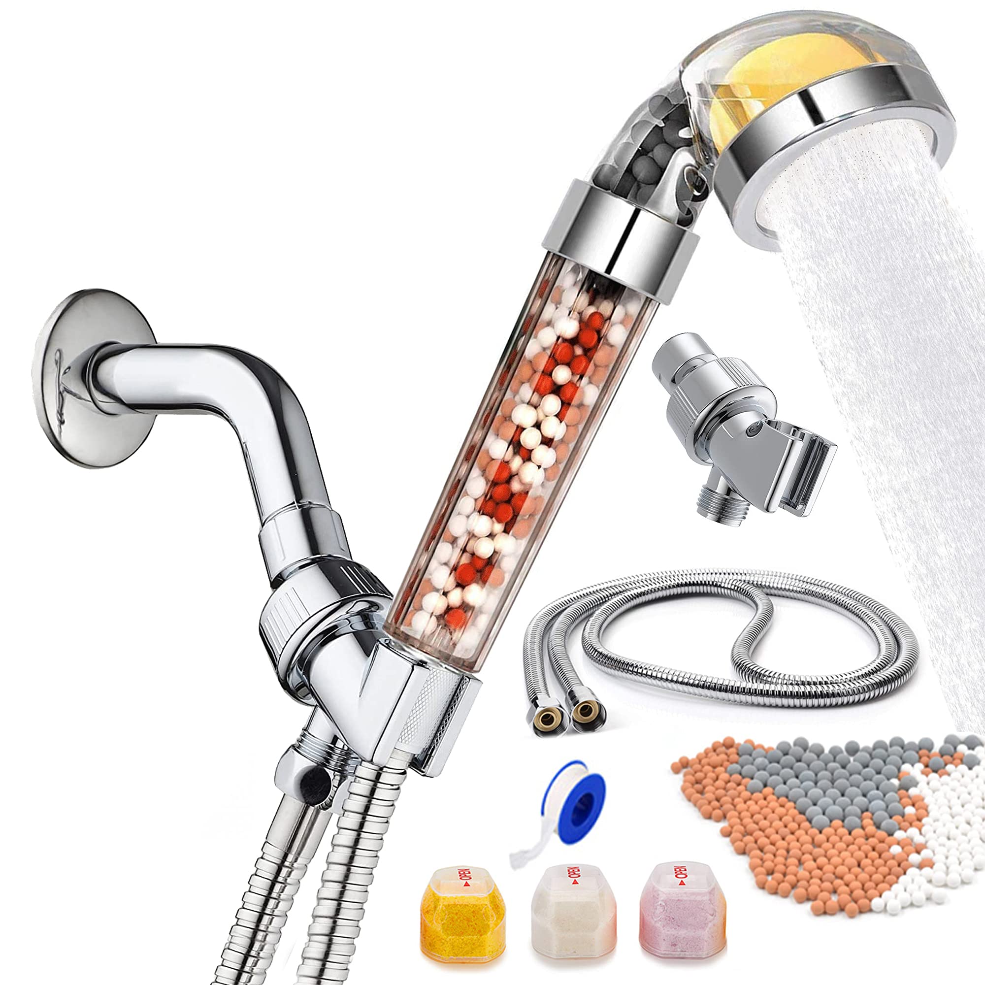 Vitamin C Filter Shower Head with Hose & 3 Replacement Balms - High Pressure Handheld Shower Head for Hard Water - Water Softener with Citrus Scent - Reduces Chlorine & Impurities - Ideal for Dry Skin & Sensitive Scalp - Perfect for Bathroom, Spa, and Home Use