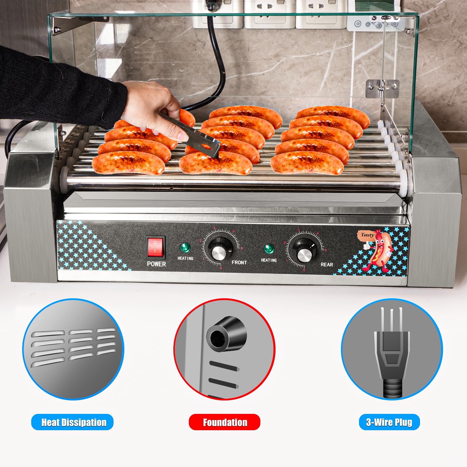 Commercial Electric Hot Dog Roller Machine - 7 Stainless Steel Rotating Rollers, Dual Temperature Control, Removable Drip Tray & Dust Cover - Perfect for Restaurants, Food Trucks, Home Kitchens & Indoor/Outdoor Events