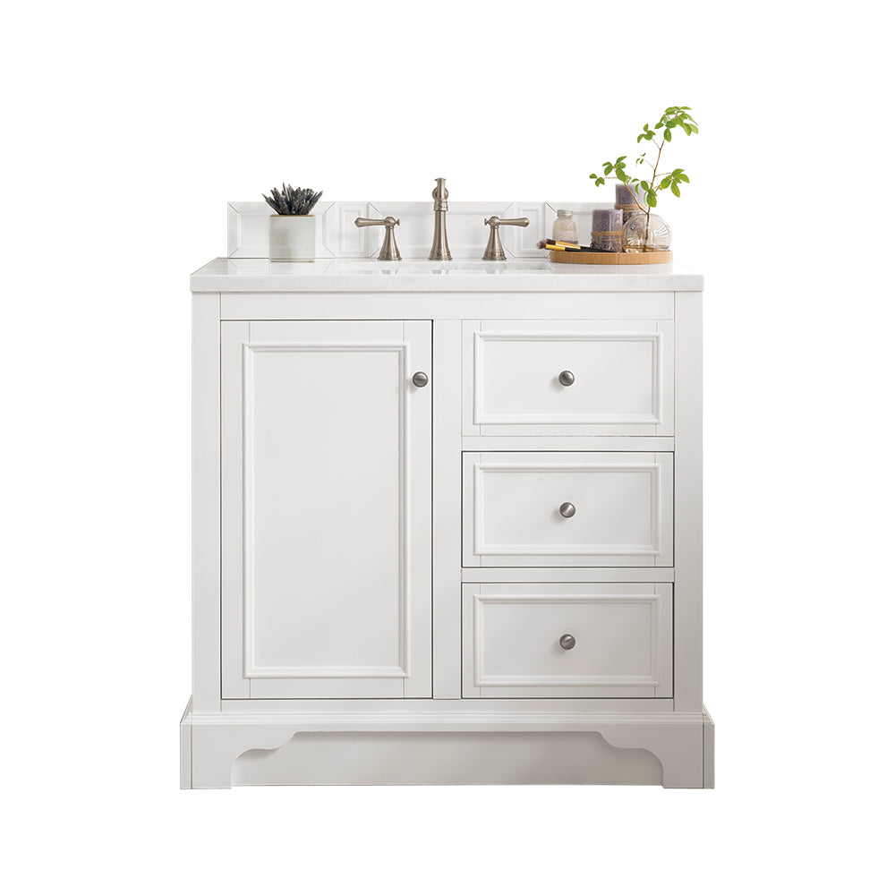 De Soto 36 Inch Single Bathroom Vanity with 3CM Classic White Quartz Top - Bright White Finish for Modern Bathroom Remodeling & Home Upgrade