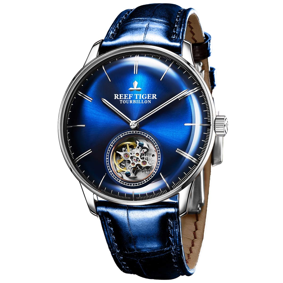REEF TIGER Blue Tourbillon Automatic Mechanical Watch for Men - Luxury Leather Strap Dress Watch with Sapphire Crystal - Perfect for Business, Formal Events & Gift Giving (Model RGA1930)