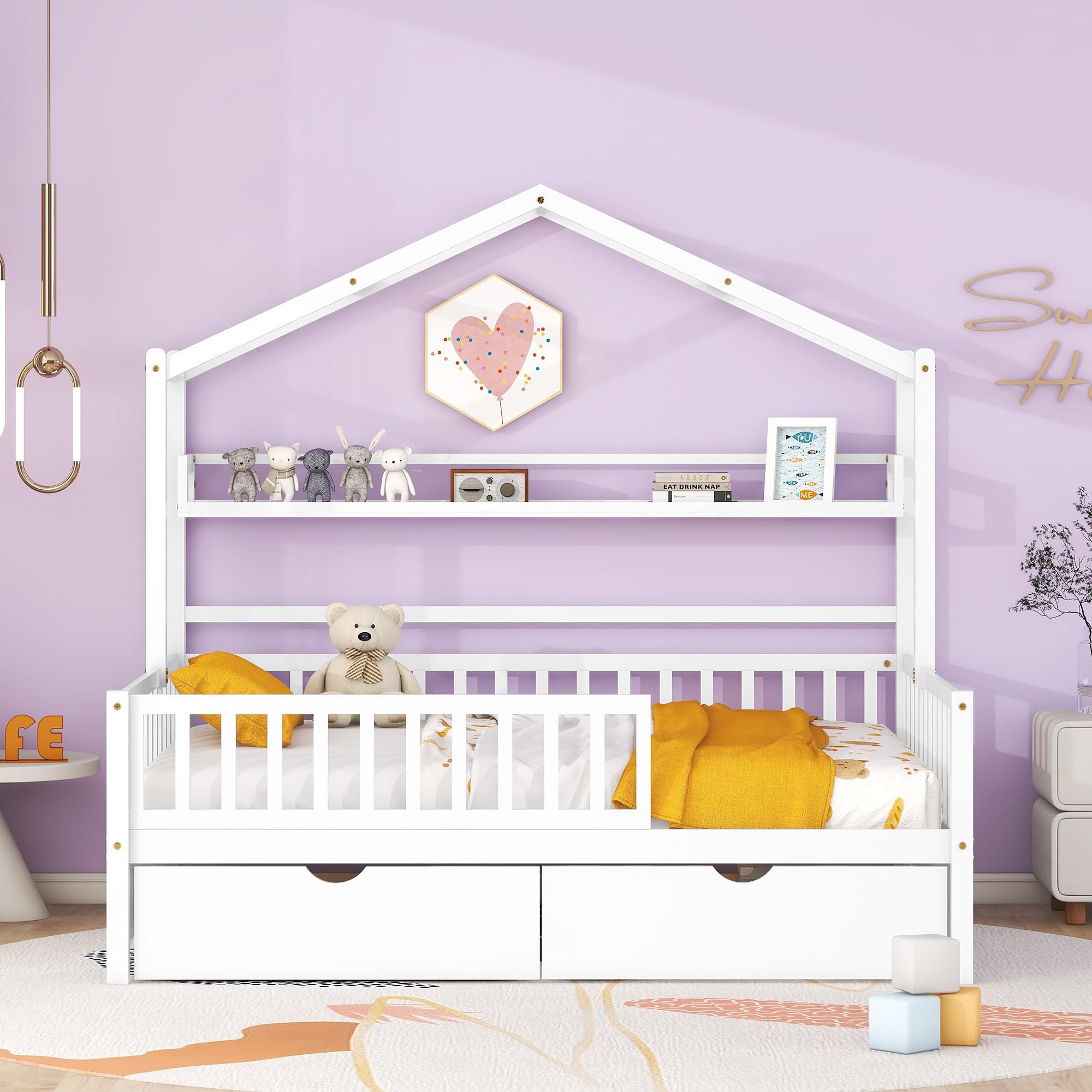 DEINPPA Full House Wooden Bed Frame for Kids with Drawers, Shelf & Safety Guardrails - No Box Spring Needed - Decorative Roof Design - Ideal for Boys, Girls, Toddlers & Children's Bedrooms (White) - Perfect for Small Spaces & Themed Kids' Rooms