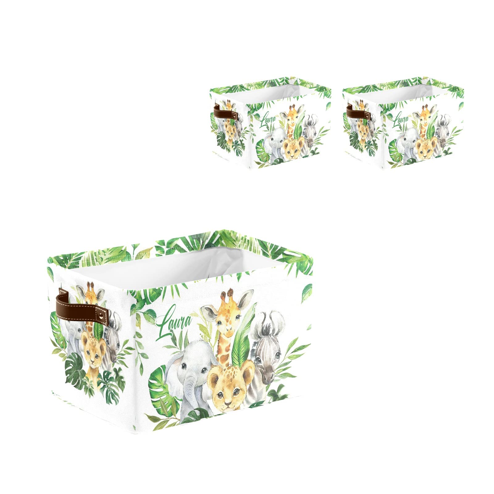 Custom Text Animal Leaf Storage Bins with Handles - 2 Pack Closet Organizer Boxes for Shelves, Kids Room & Nursery Organization - Personalized Home Decor Storage Solutions