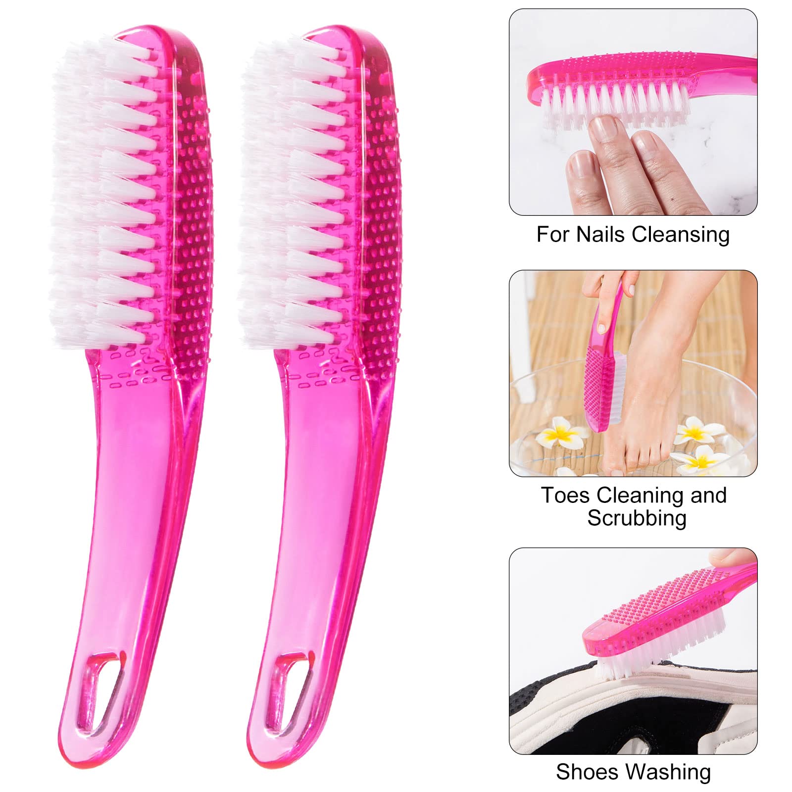 2 Pack Long Handle Nail Cleaning Brushes - Non-Slip Grip for Fingernails & Toes, Pedicure Scrubber for Men & Women (Hot Pink) - Perfect for Home Manicure, Salon Care & Travel Hygiene Essentials