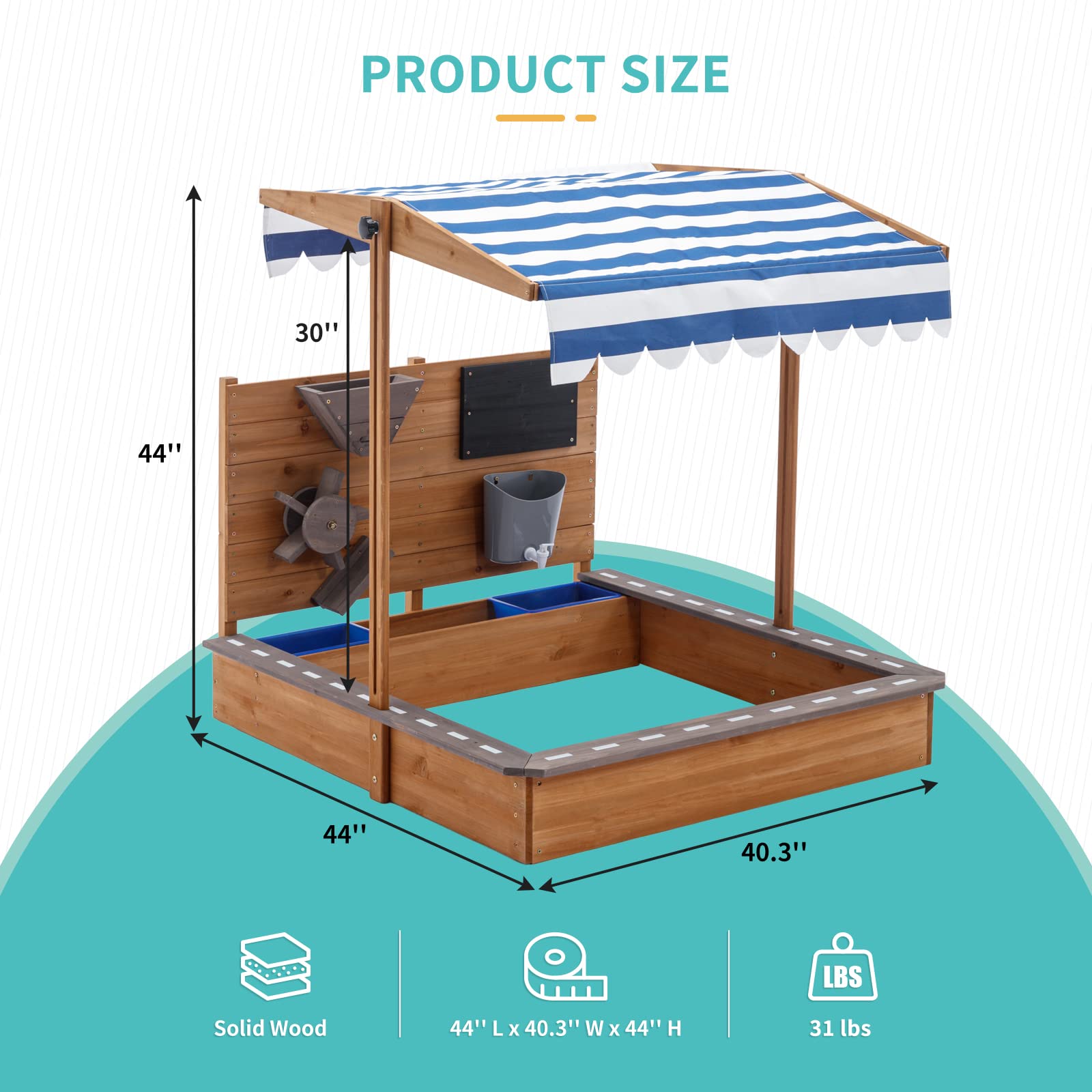 MOOITZ Large Wooden Sandbox with Adjustable Canopy Cover - Outdoor Sand Play Box for Kids, Backyard, Garden & Beach - Includes Sand Funnel & Drawing Board - Perfect for Patio, Playground & Outdoor Activities (Brown, 2023 Model)