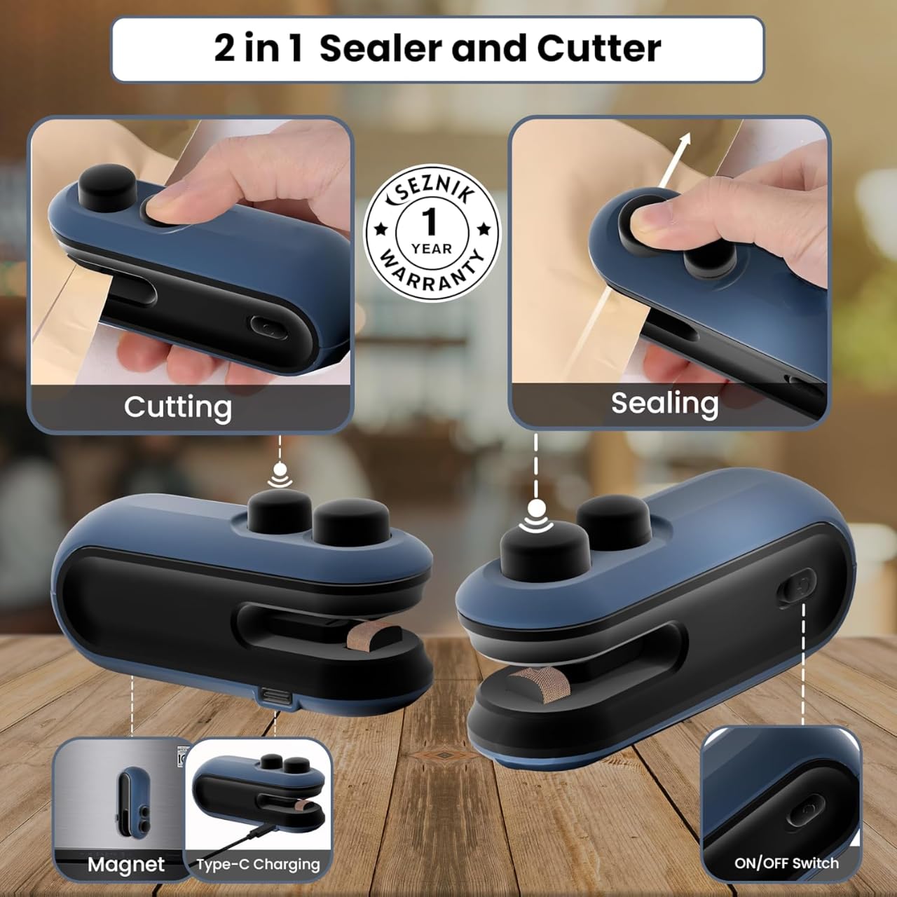 Rylan Portable Mini Sealing Machine - Handheld Food Saver for Snacks, Chips & Fresh Storage | Plastic Bag Sealer with Heat Function | 1 Year Warranty (Blue) | Perfect for Kitchen, Travel & Meal Prep