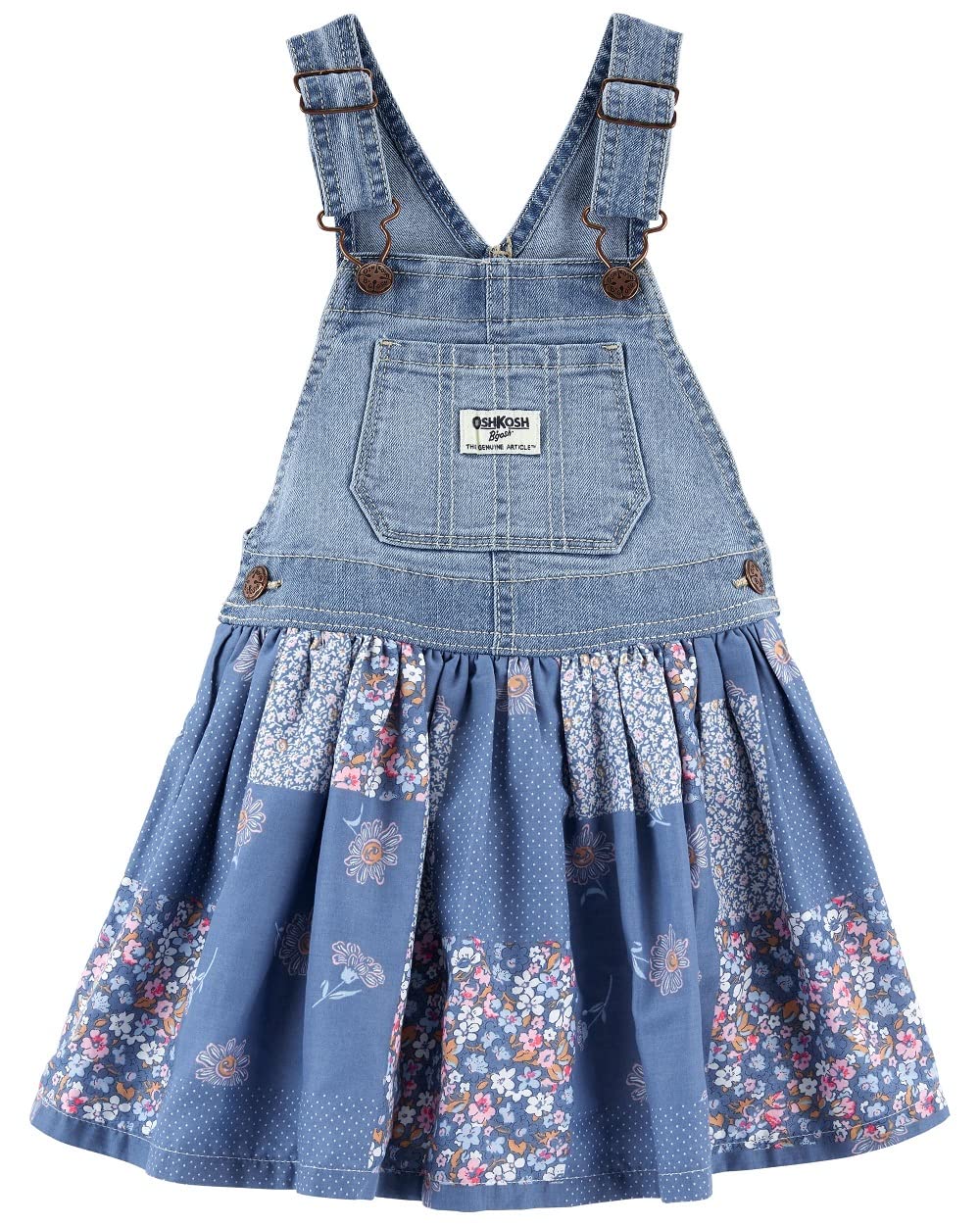 Oshkosh B'gosh Baby & Toddler Girls' Soft Knit Denim Floral Patchwork Jumper Dress with Adjustable Straps - Blue (6 Months to 5 Years) | Cute Outfit for Playdates, Parties & Family Photos