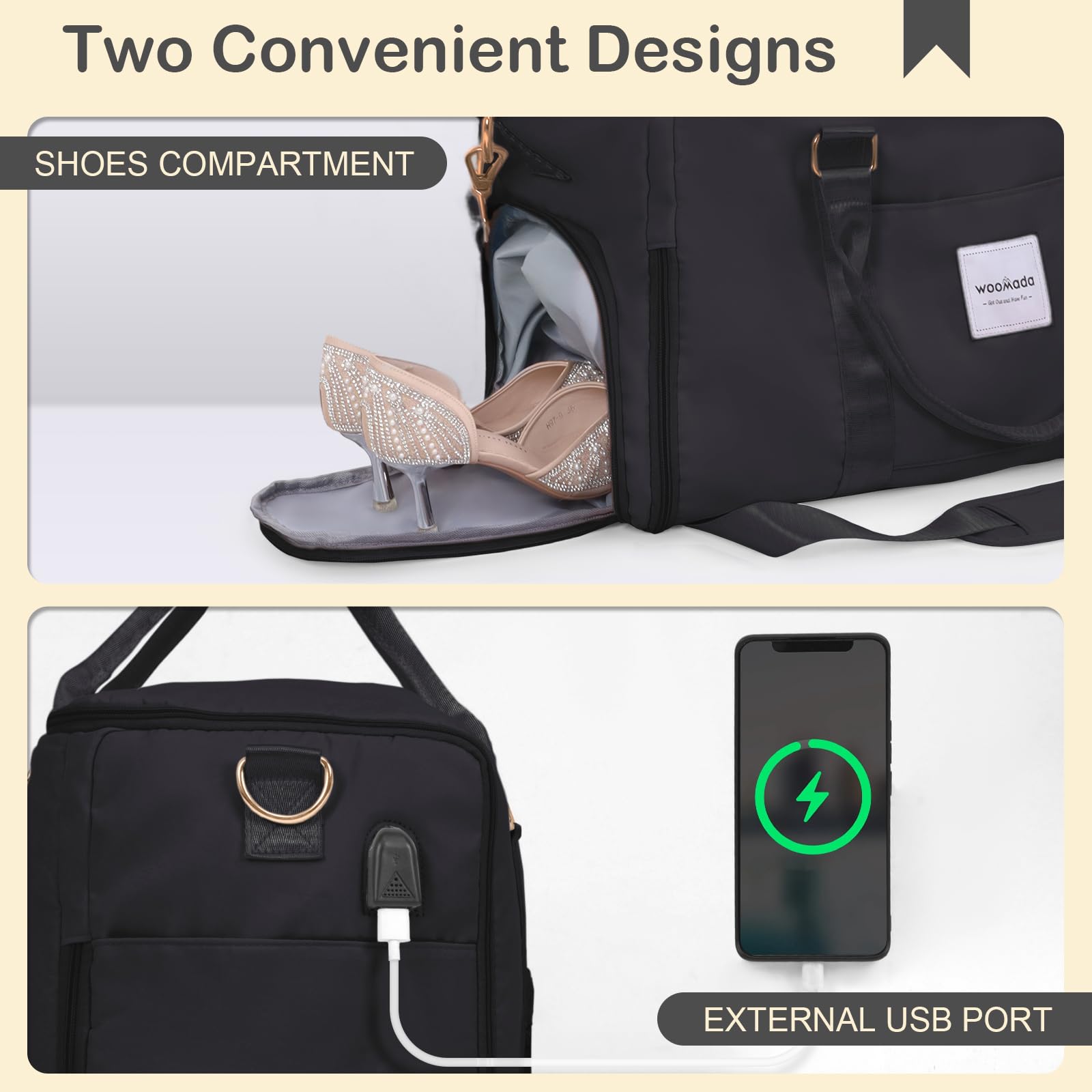 WOOMADA Convertible Travel Garment Duffle Bag with Shoe Compartment & Hanging Dress Section - Women's Carry-On Luggage for Business Trips, Vacations & Weekend Getaways (Black)