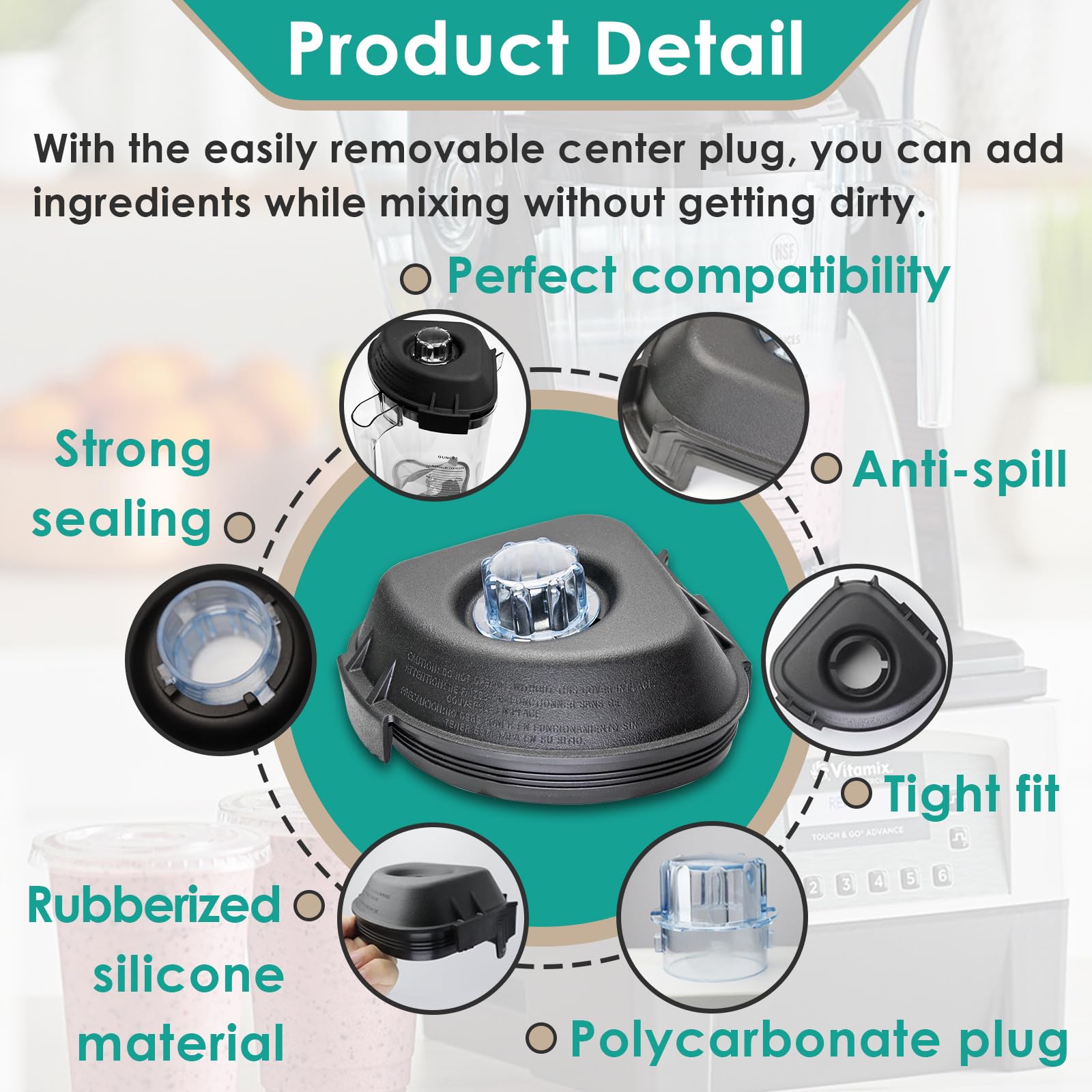 Vitamix Blender Lid Replacement for 48 Oz & 32 Oz Containers - Compatible with Vitamix Quiet One, VM0145, BarBoss & Drink Machine - Includes Lid Plug - Perfect for Smoothies, Juices & Food Prep