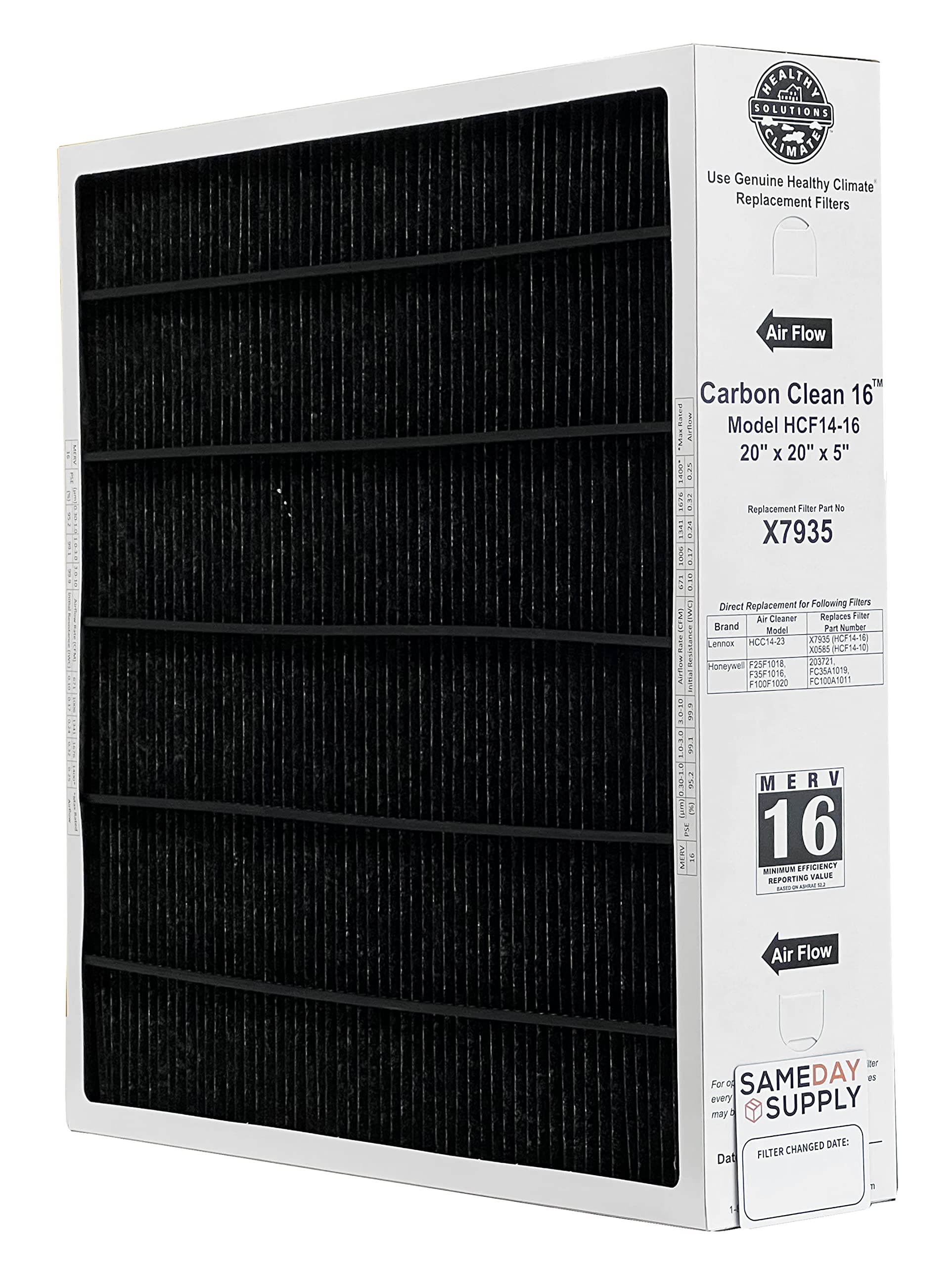 Lennox X7935 20x20x5 MERV 16 Air Filter Bundle - Healthy Climate Carbon-Clean Technology with Free Filter Change Reminder Magnet (1-Pack) - Perfect for HVAC Systems, Home Air Purification & Allergy Relief