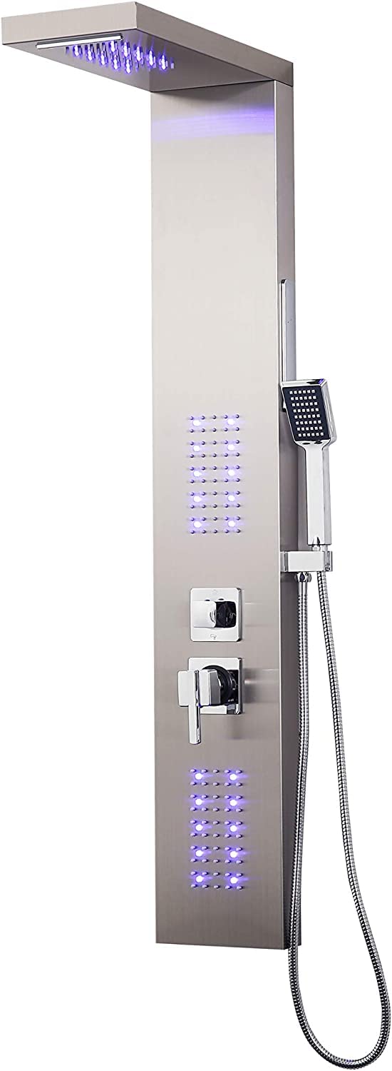 Elbe LED Shower Panel - 304 Stainless Steel Shower Column with 4-Function Hydromassage Mixer Tap & Hand Shower - Easy Installation for Modern Bathroom Upgrade - Perfect for Spa-Like Relaxation and Daily Shower Experience