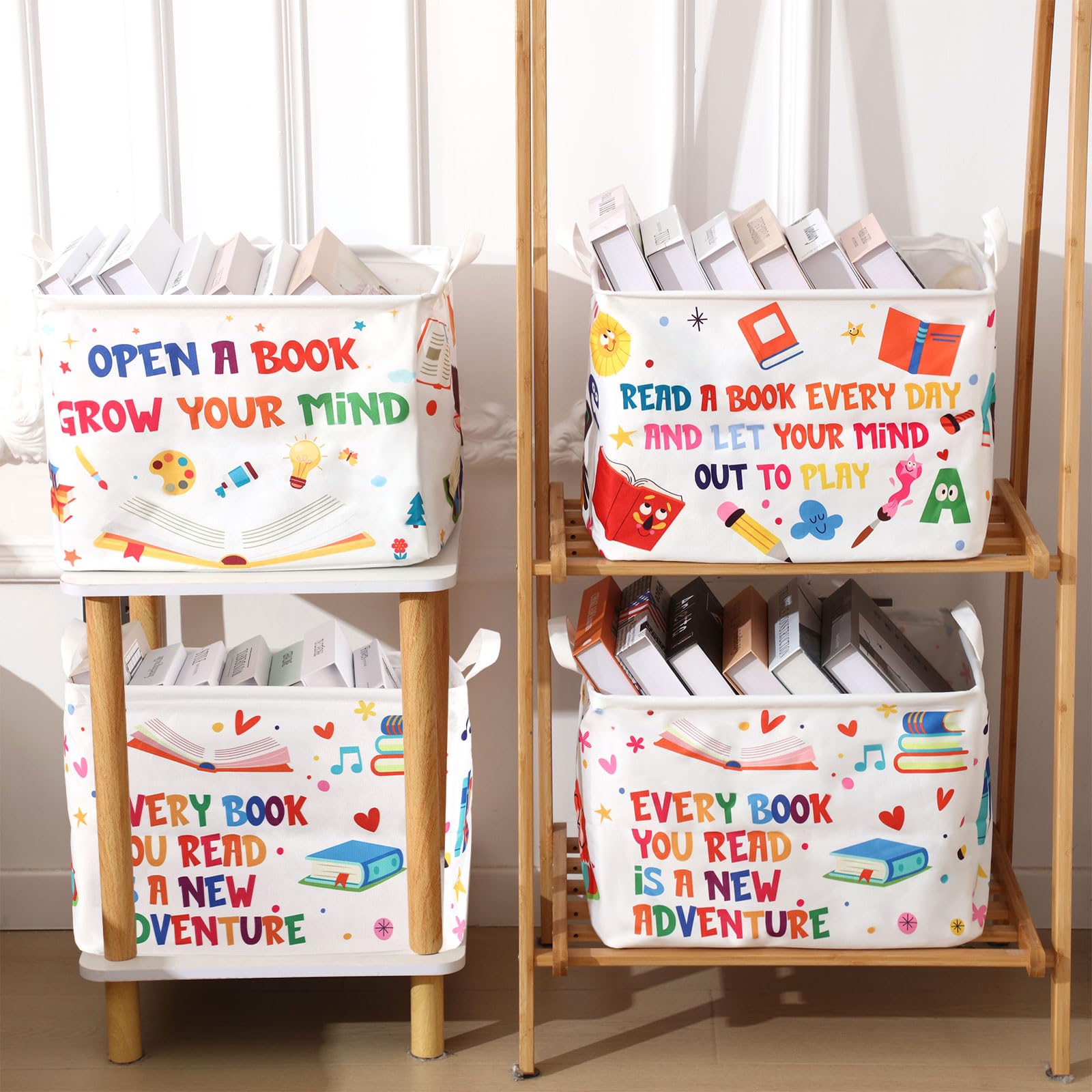 Domensi 4-Pack Foldable Kids Book Storage Bins - 15.7 x 11.8 x 11.8 Inch Rectangle Book Organizer for Nursery, Classroom & Library | Collapsible Book Basket for Bedroom, Closet & Playroom Organization | Perfect for Toy Storage, Book Display & Kids Room Decor
