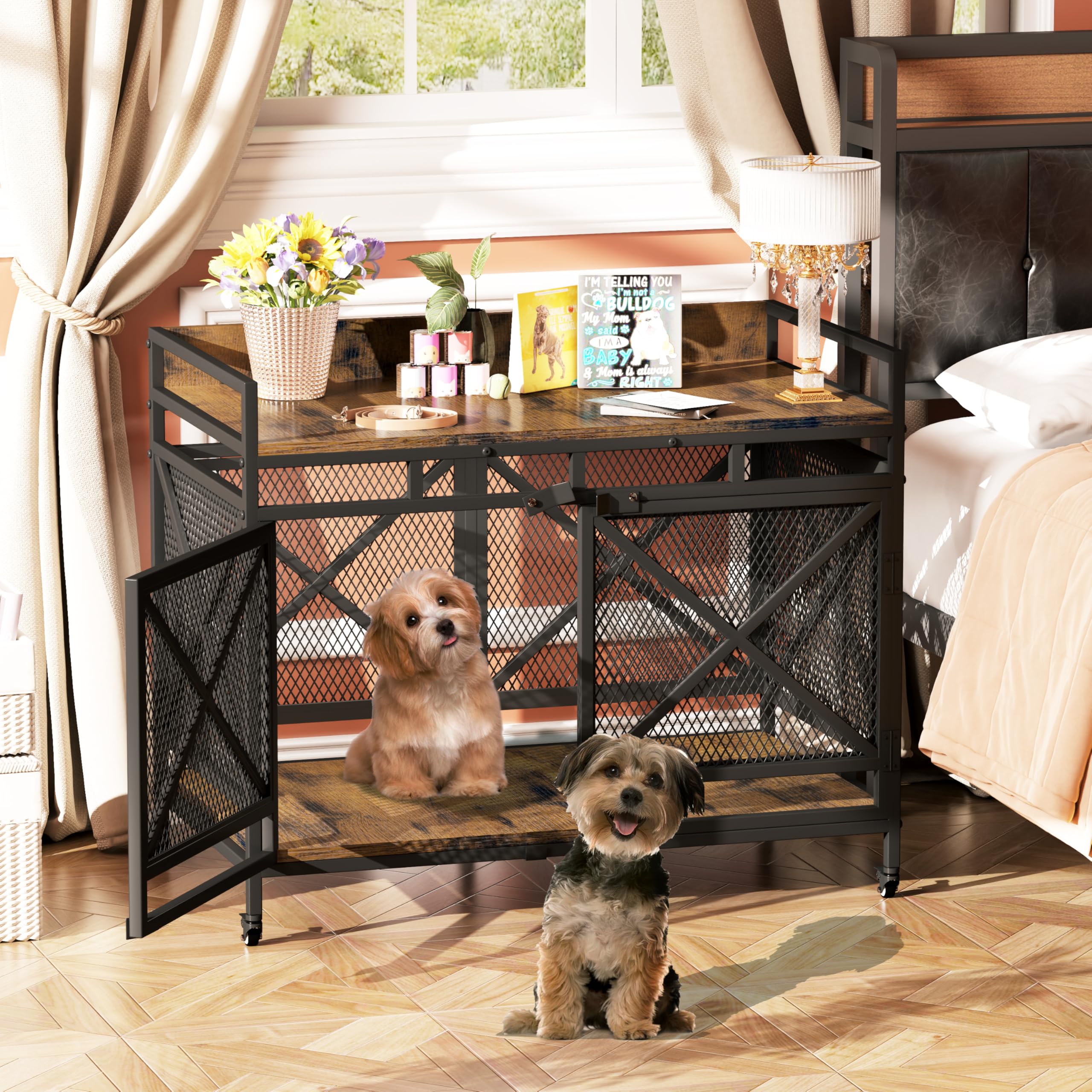 48 Inch Large Wooden Dog Crate Furniture - Heavy Duty Indoor Kennel for XLarge Dogs with Adjustable Feet & 360° Wheels, Decorative Pet House End Table in Antique Brown | Perfect for Living Rooms, Bedrooms & Home Decor