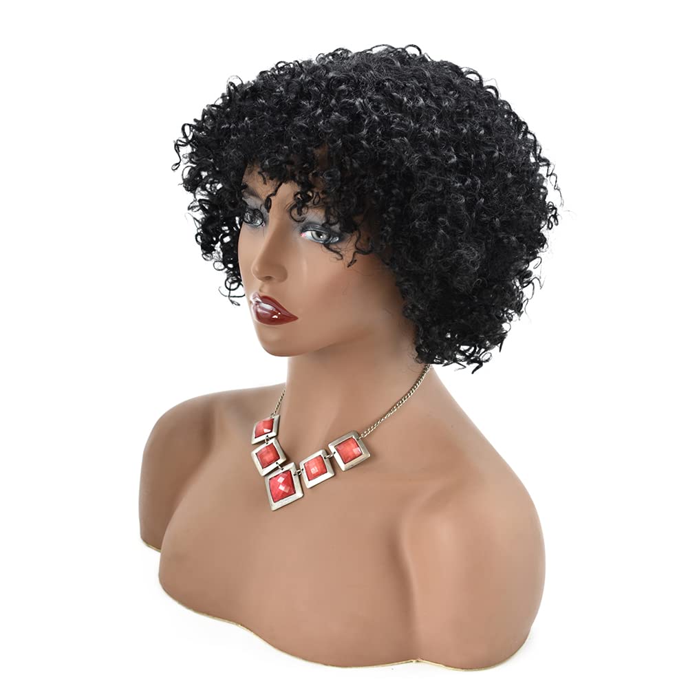 Short Afro Curly Human Hair Wig for Black Women - Kinky Curly Machine Made Wig with Bangs | Natural Looking Synthetic Hairpiece for African American Women | Perfect for Daily Wear, Cosplay & Special Occasions (JMH0400, Jet Black)