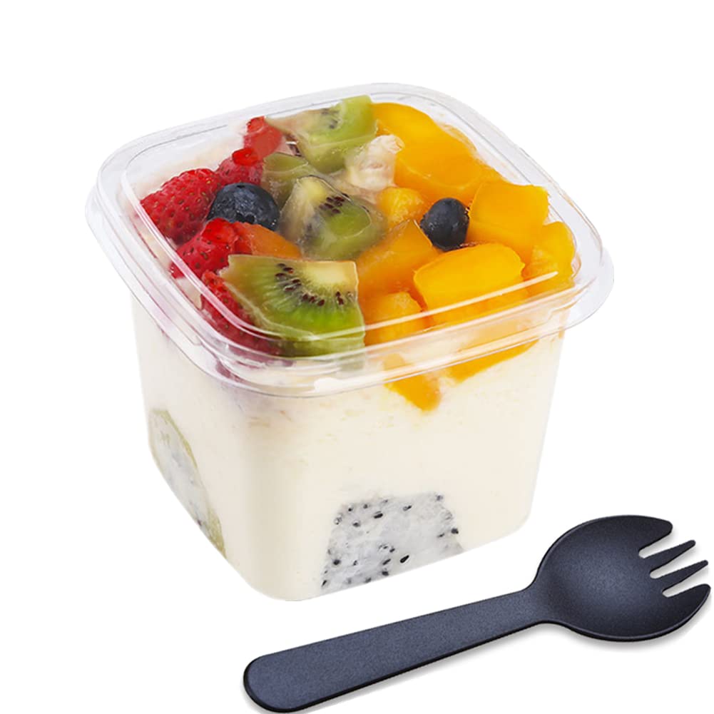 TOFLEN 50-Pack 12 oz Clear Square Plastic Dessert Cups with Lids & Sporks - Reusable Parfait, Yogurt, Pudding, Mousse, Fruit & Cake Containers for Parties, Catering & Home Baking
