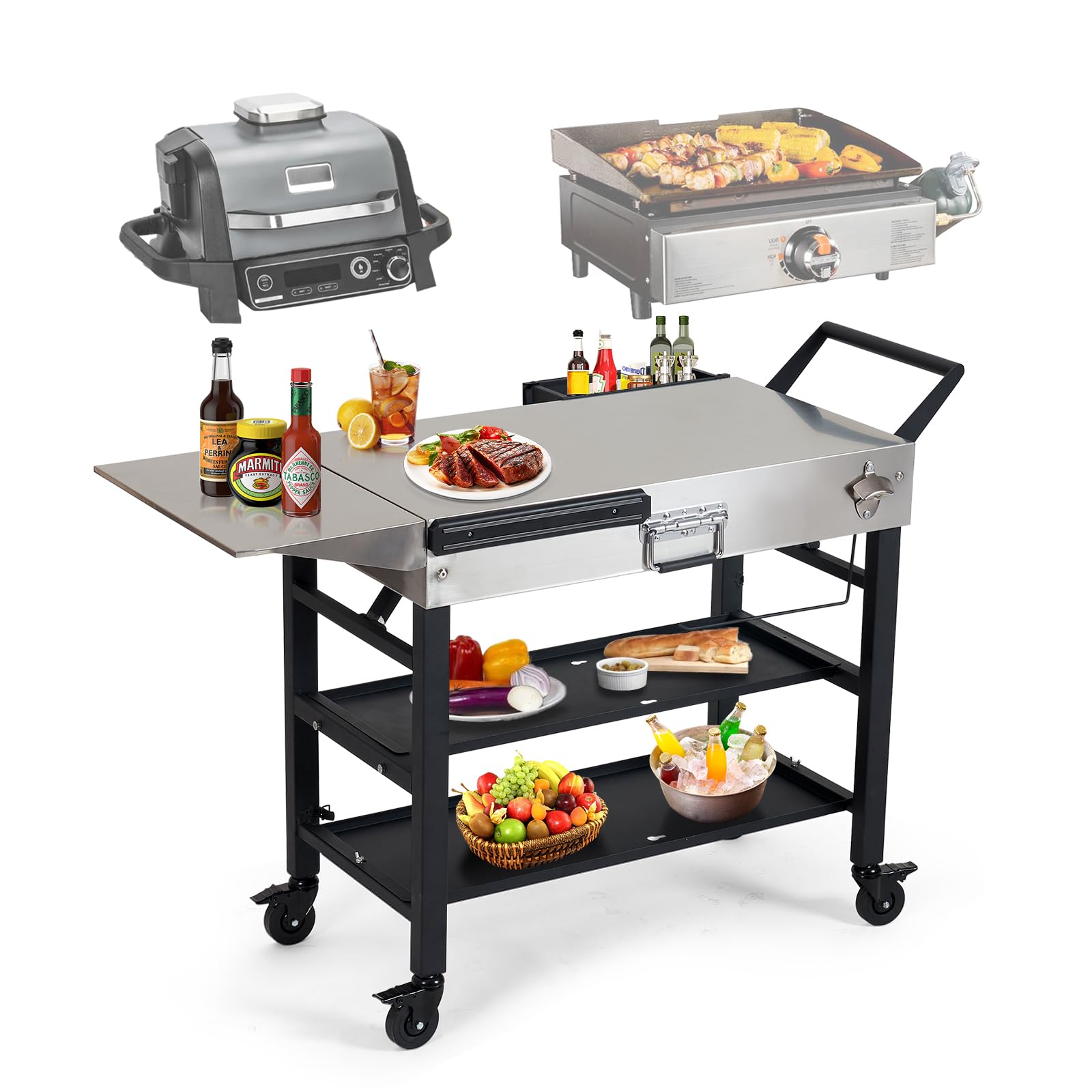 Stainless Steel Portable Outdoor Grill Cart with Wheels - Foldable BBQ Table 41x17 Inch, 2-Tier Storage Rack for Blackstone Griddle 17/22in, Ninja Woodfire Grill & Pizza Oven - Perfect for Backyard, Camping & Tailgating Parties