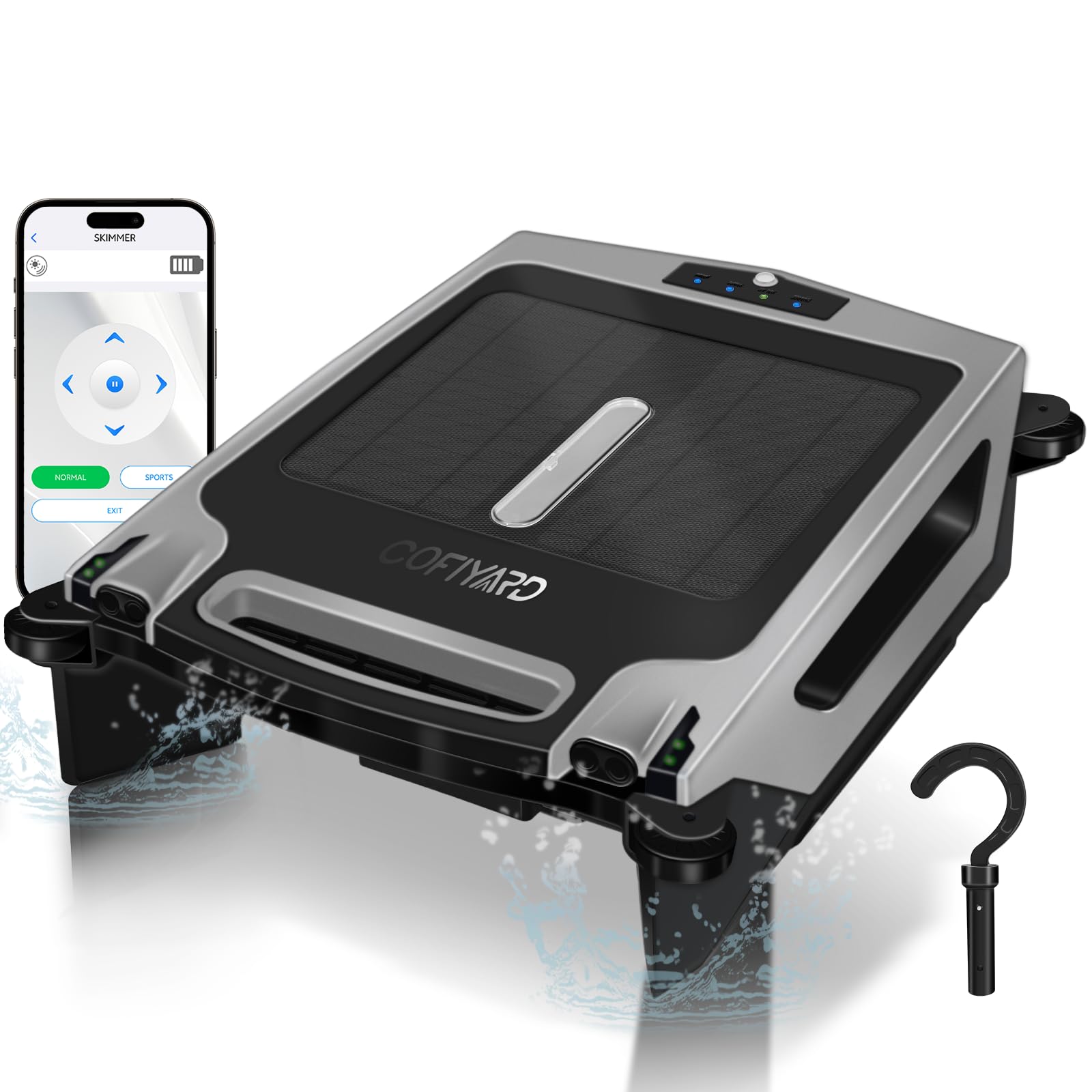 Solar Powered Pool Skimmer Robot with Rechargeable Battery & App Remote Control - Automatic Surface Cleaner for Inground & Above Ground Swimming Pools (Grey) - Perfect for Backyard, Vacation Homes & Commercial Pools