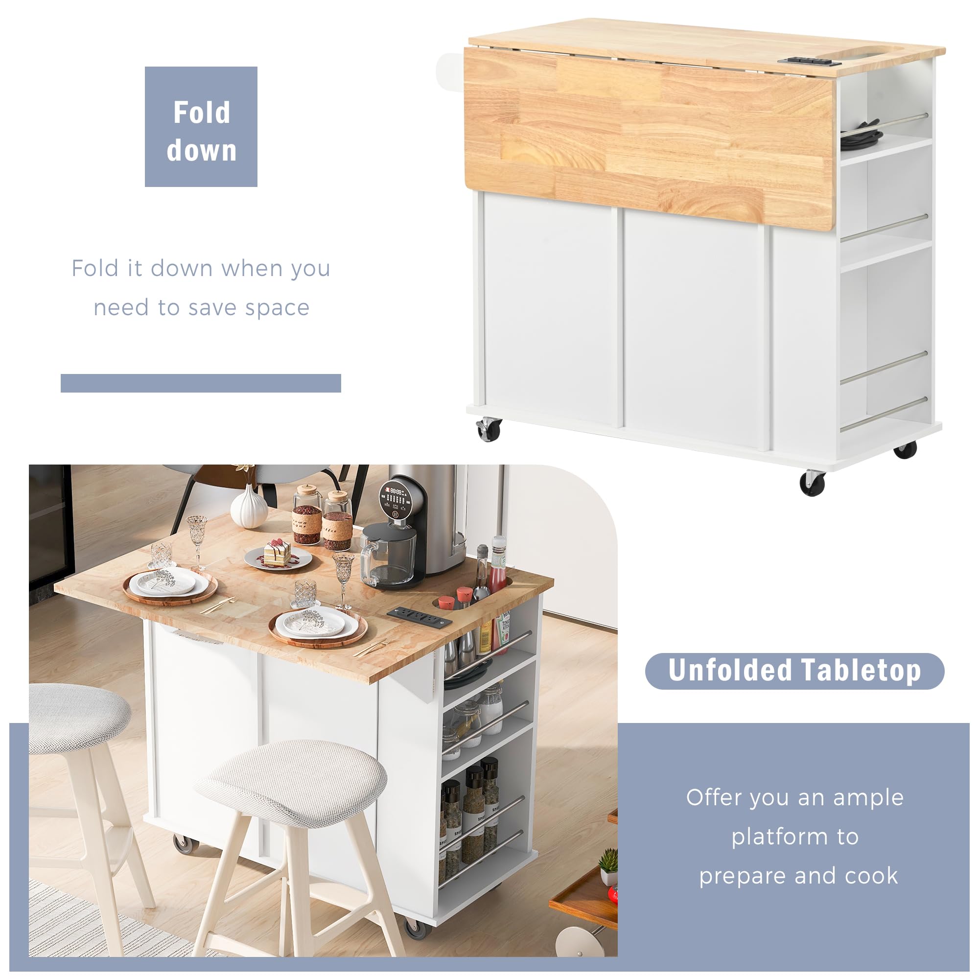Premium Kitchen Island Cart with Power Outlet & Wine Rack - 39.8