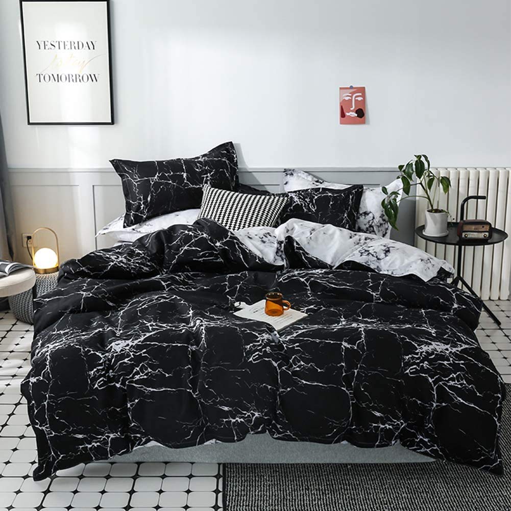 Gafance 3-Piece White Marble Print Duvet Cover Set - Twin Size 68x90 Inches with Zipper Closure & 2 Pillow Shams - Soft, Easy Care Modern Black Bedding for Teens, Dorms & Guest Rooms