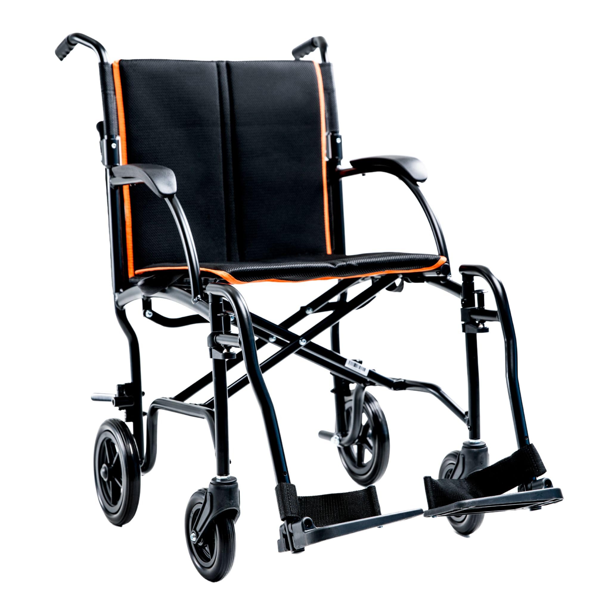 Feather Mobility - 13lb Ultra Lightweight Folding Transport Wheelchair - Black - 300 lb Weight Capacity - No Handbrakes - Ideal for Travel, Shopping & Doctor Visits