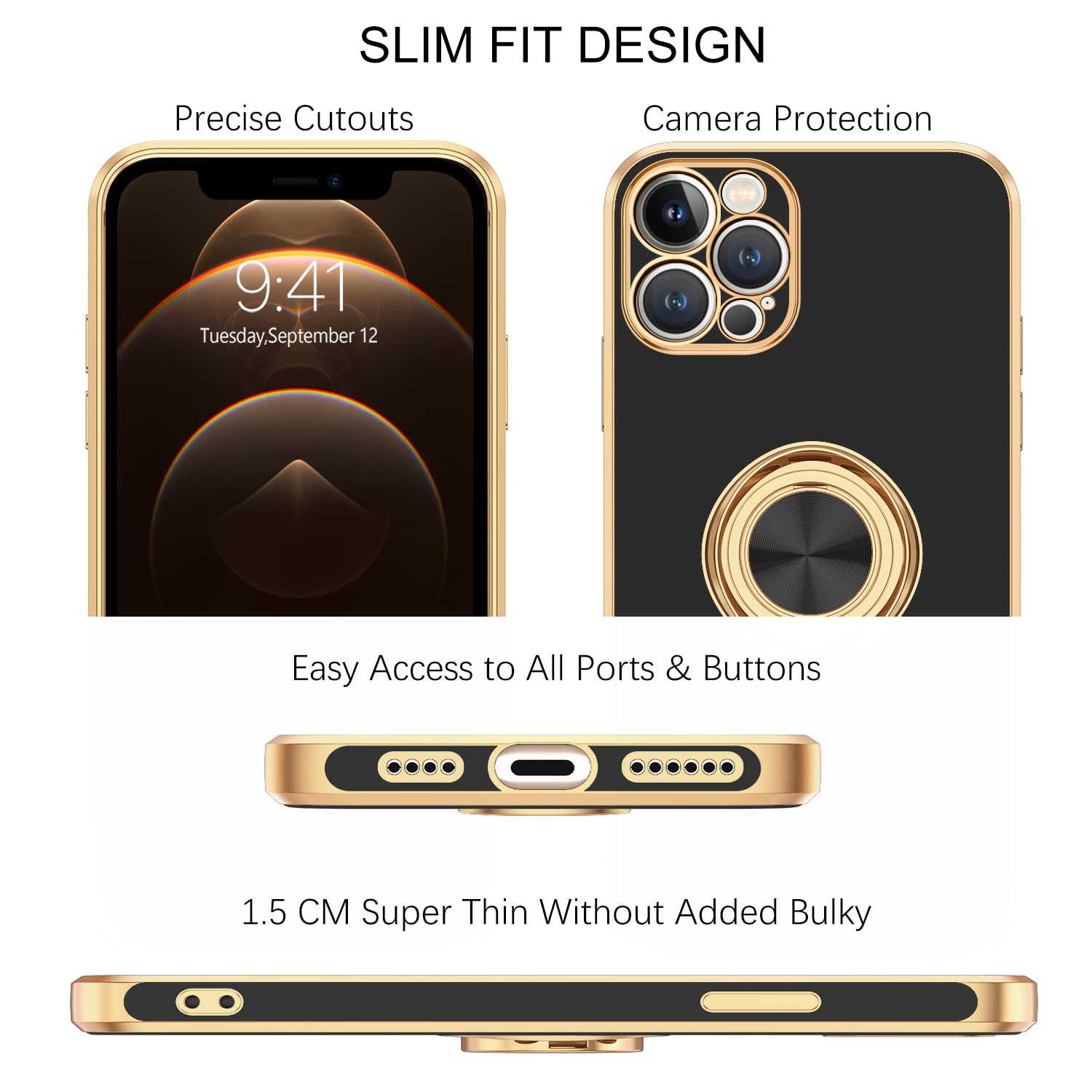 BENTOBEN iPhone 12 Pro Max Case with Ring Holder & Rotating Kickstand - Soft TPU Shockproof Protective Cover for Women (6.7 Inch, Black) | Perfect for Work, Travel & Daily Use