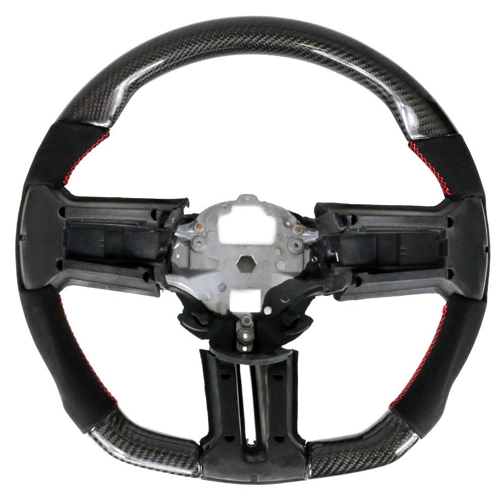 FREEMOTOR802 Carbon Fiber Racing Steering Wheel Replacement for 2010-2014 Ford Mustang - Synthetic Suede with Red Stitching | Upgrade Your Ride for Track Days & Street Performance